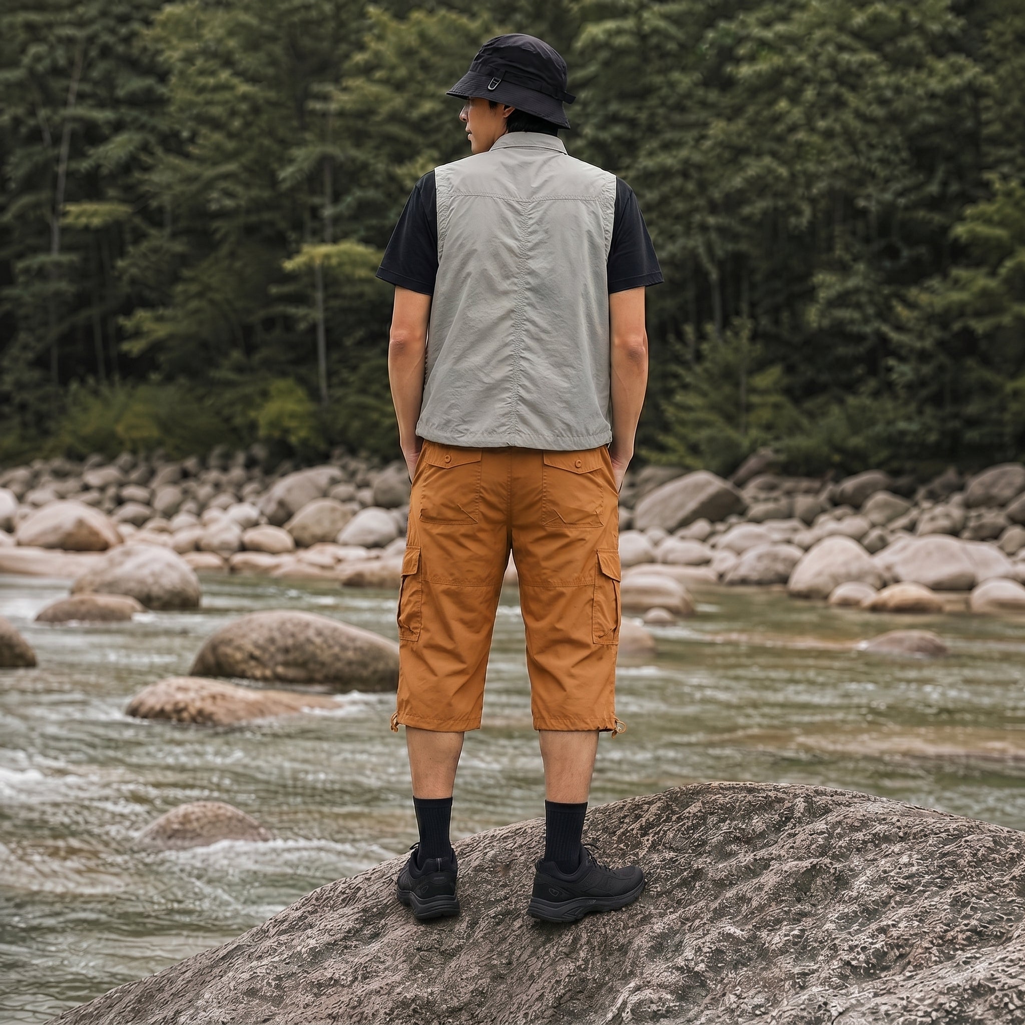 Men's Below Knee Cargo Shorts - Cotton, 7 Pockets, Work Capris Yellow by MAGCOMSEN