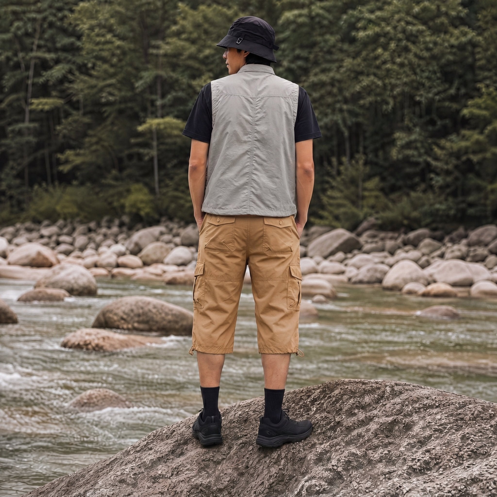 Men's Below Knee Cargo Shorts - Cotton, 7 Pockets, Work Capris Khaki by MAGCOMSEN