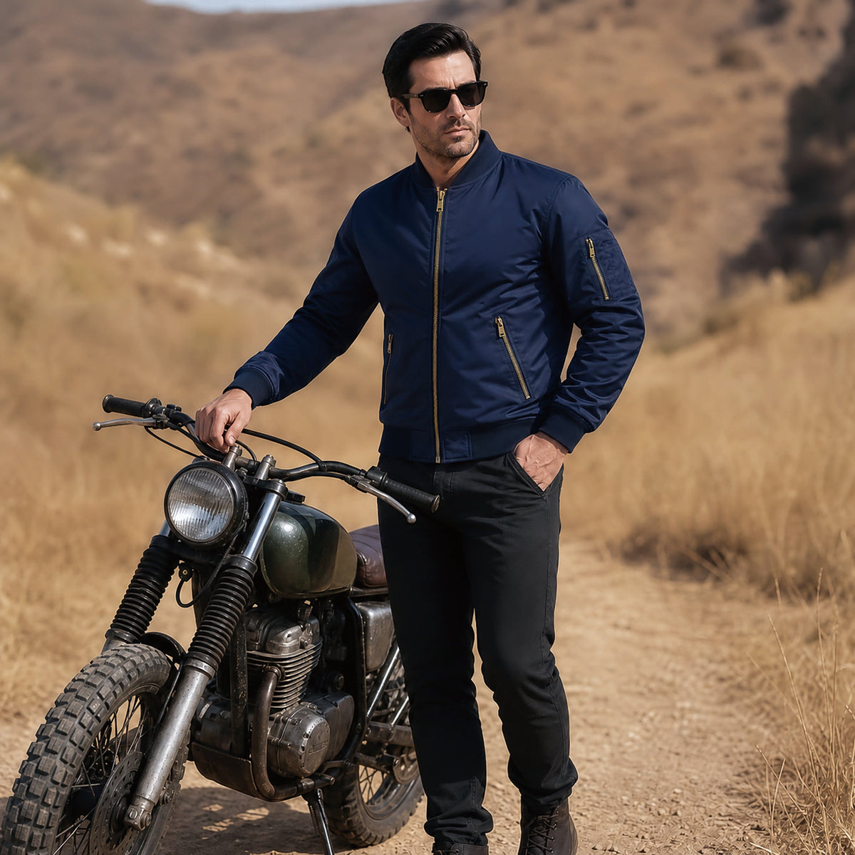 Navy MAGCOMSEN Men's Bomber Jacket – Casual Zip-Up Windbreaker in #Color_Navy
