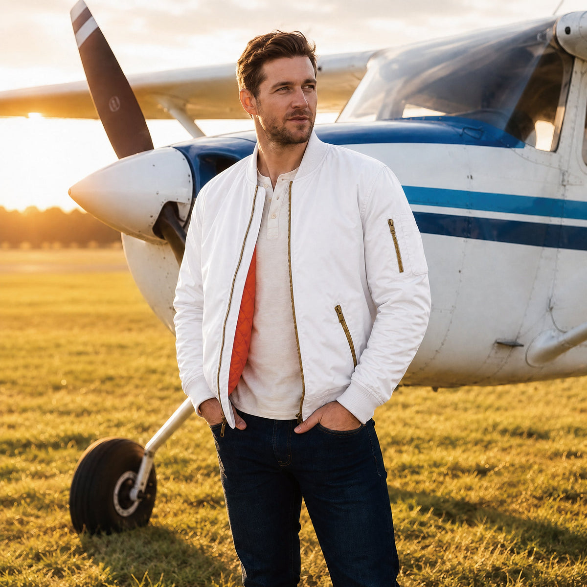 White MAGCOMSEN Men's Bomber Jacket – Casual Zip-Up Windbreaker in #Color_White