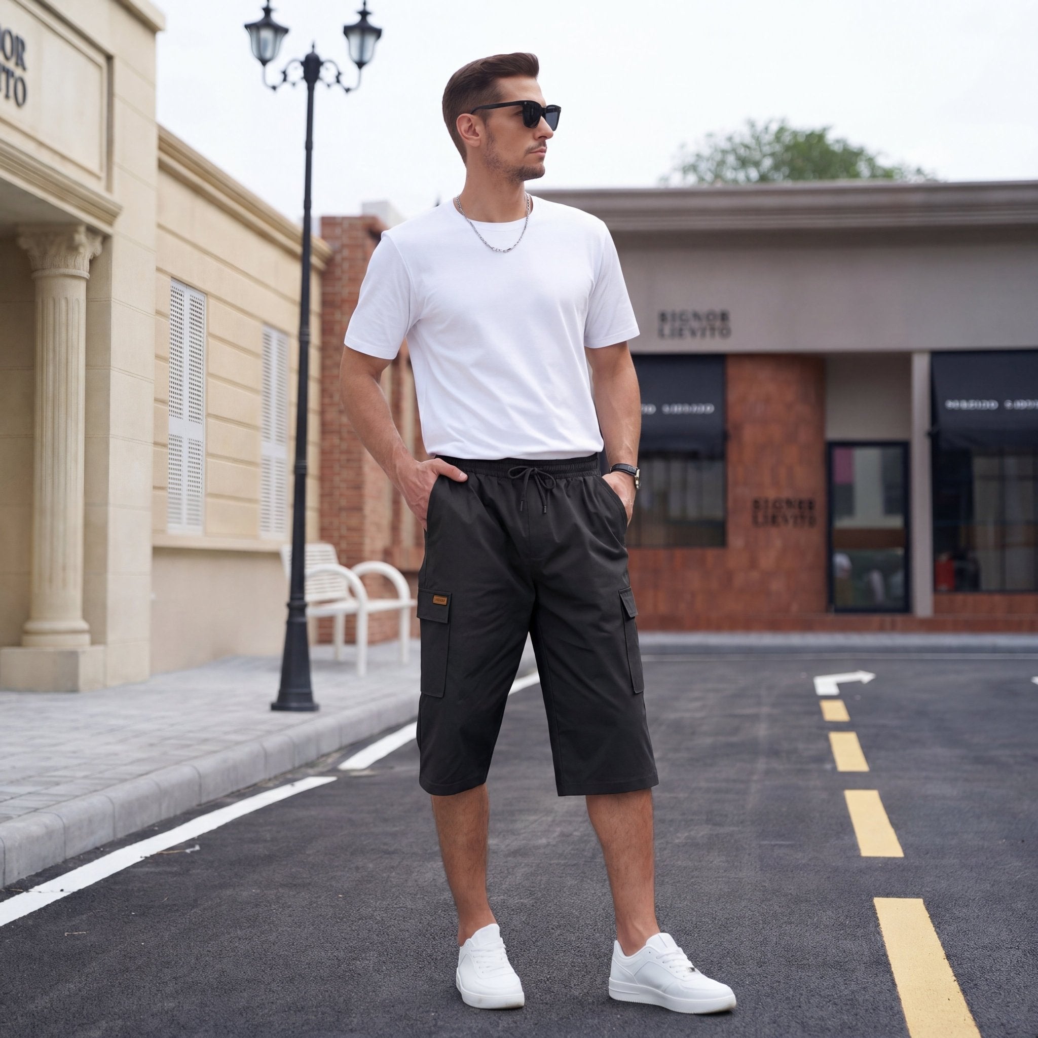 Men's Cotton Cargo Shorts - Below Knee Stretch Work Shorts Black by MAGCOMSEN