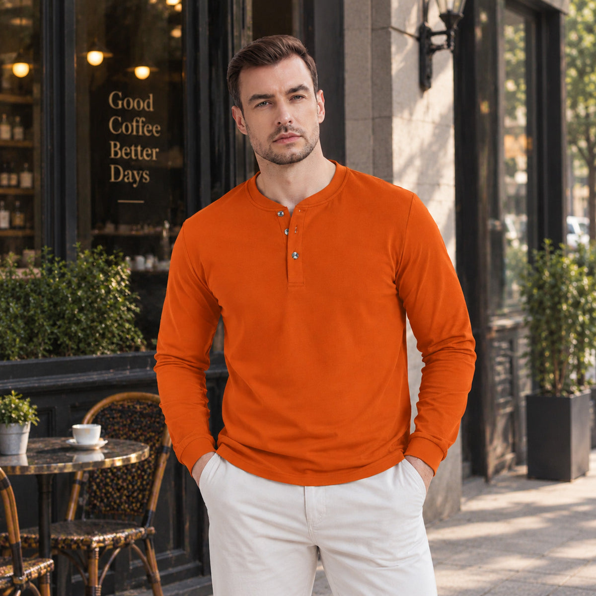 Dark Orange MAGCOMSEN Men's Cotton Long Sleeve Henley Shirt, Casual Work Tee in #Color_Dark Orange