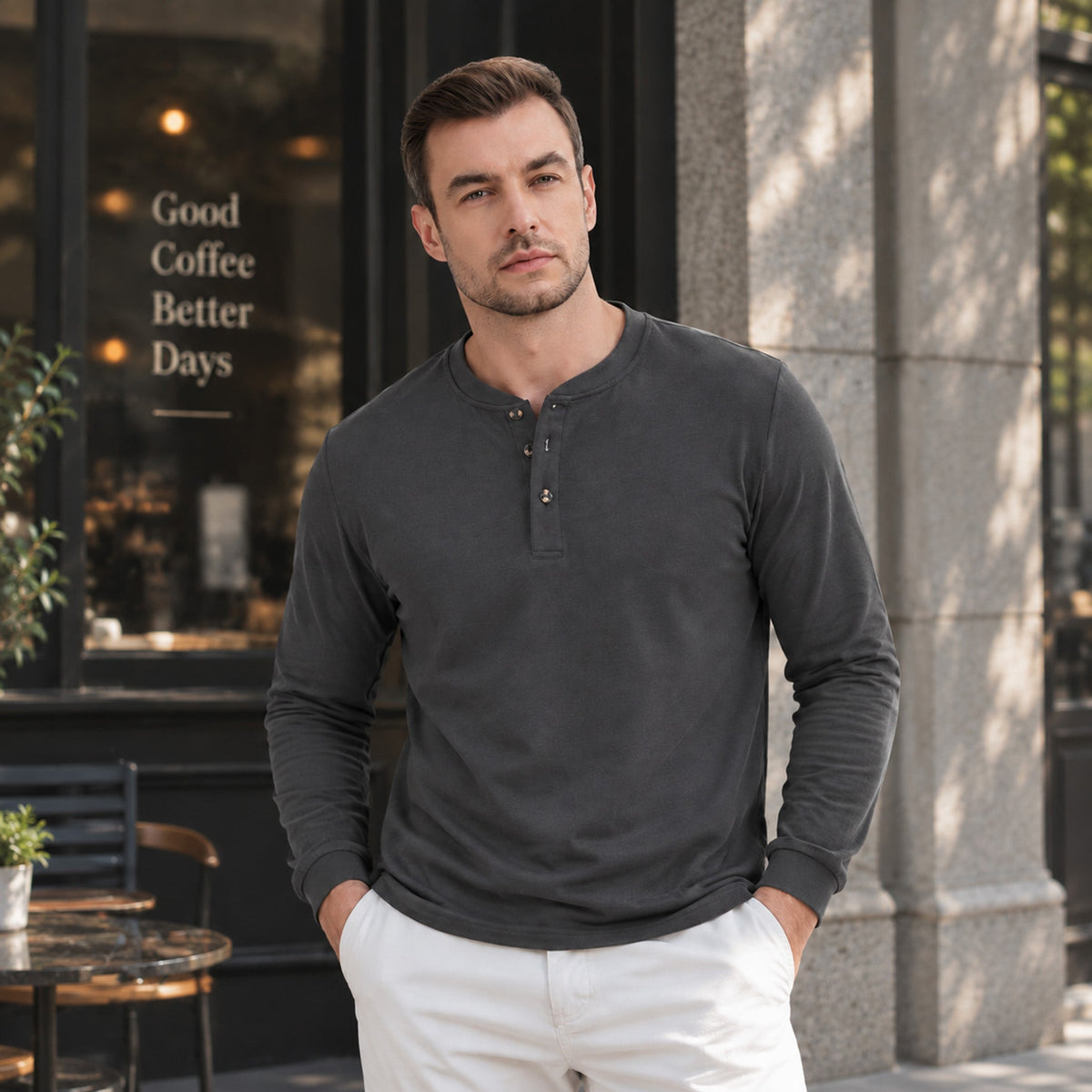 Dark Grey MAGCOMSEN Men's Cotton Long Sleeve Henley Shirt, Casual Work Tee in #Color_Dark Grey