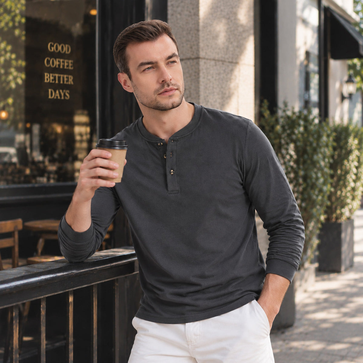 Dark Grey MAGCOMSEN Men's Cotton Long Sleeve Henley Shirt, Casual Work Tee in #Color_Dark Grey