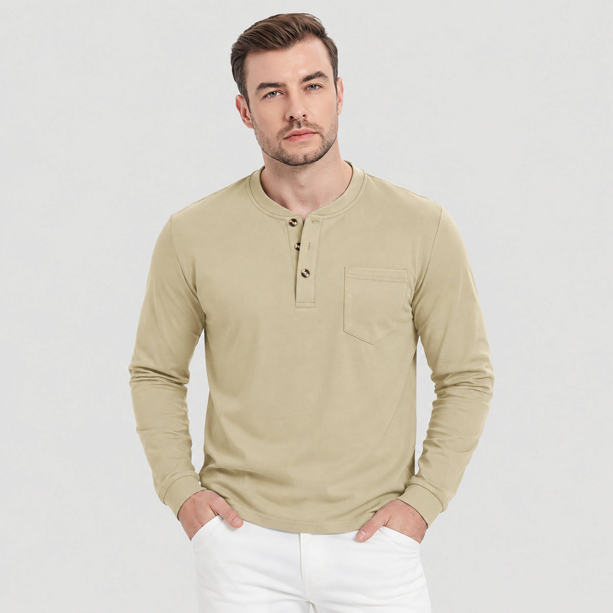 Khaki MAGCOMSEN Men's Cotton Long Sleeve Henley Shirt, Casual Work Tee in #Color_Khaki