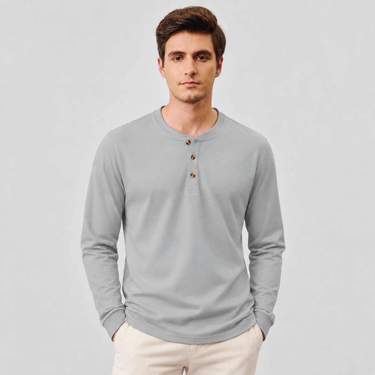 Men's Cotton Long Sleeve Henley Shirt, Casual Work Tee Light Grey by MAGCOMSEN