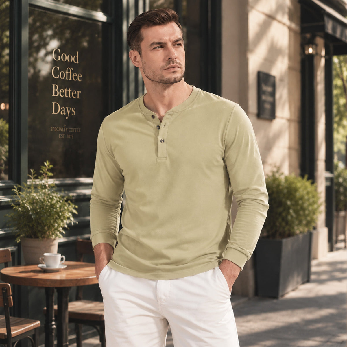 Khaki MAGCOMSEN Men's Cotton Long Sleeve Henley Shirt, Casual Work Tee in #Color_Khaki