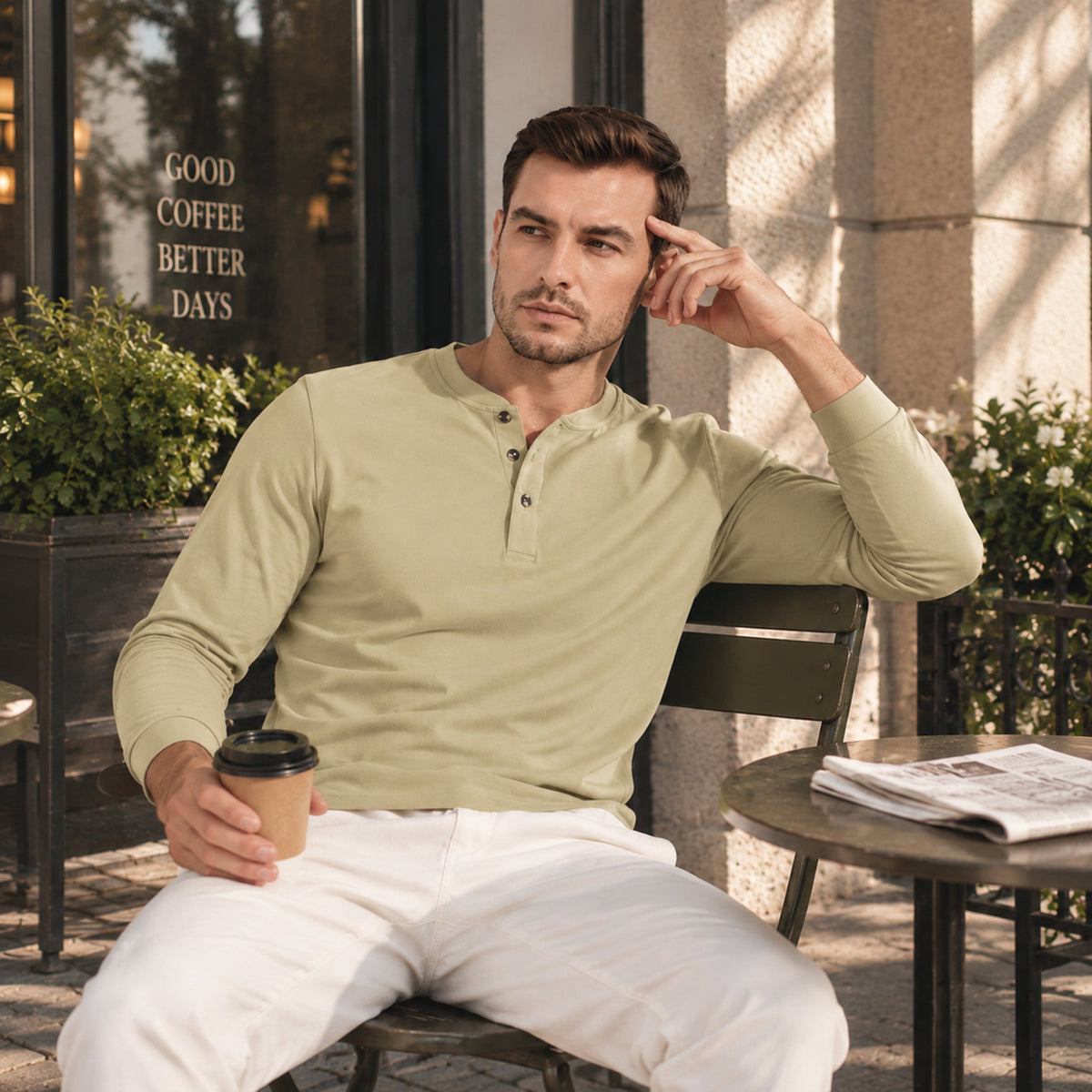 Khaki MAGCOMSEN Men's Cotton Long Sleeve Henley Shirt, Casual Work Tee in #Color_Khaki