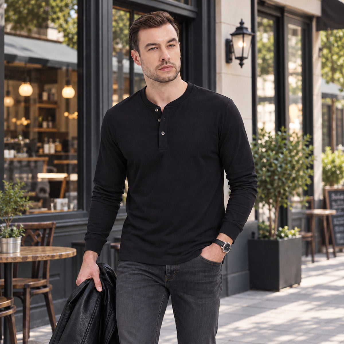 Black MAGCOMSEN Men's Cotton Long Sleeve Henley Shirt, Casual Work Tee in #Color_Black
