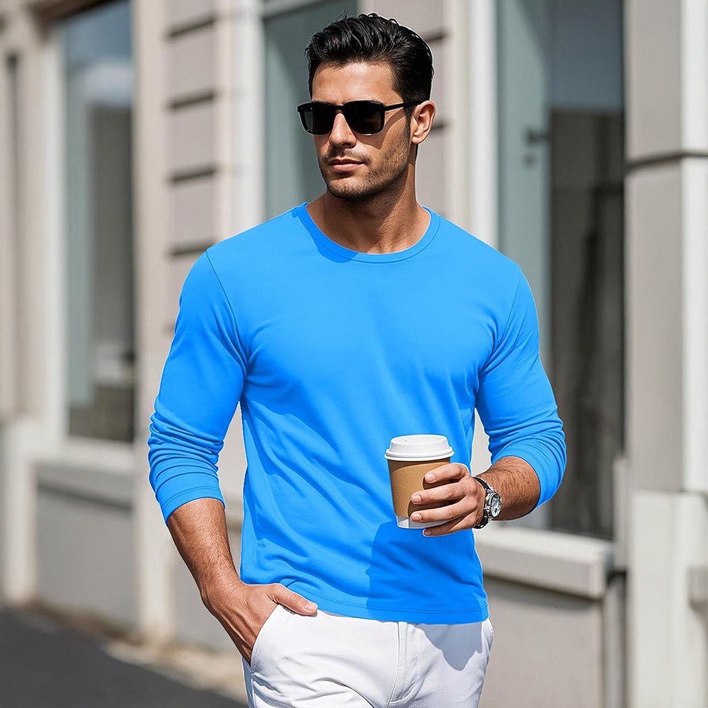 Men's Crew Neck Long Sleeve Shirt Breathable Sports Shirt Azure by MAGCOMSEN