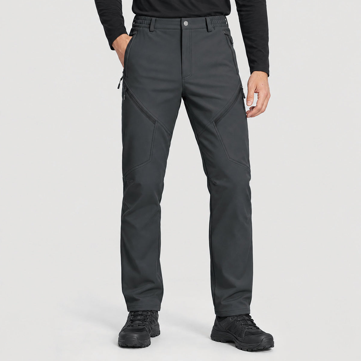 Men's Fleece Lined Softshell Pants Waterproof Hiking Pants with Pockets Dark Grey by MAGCOMSEN