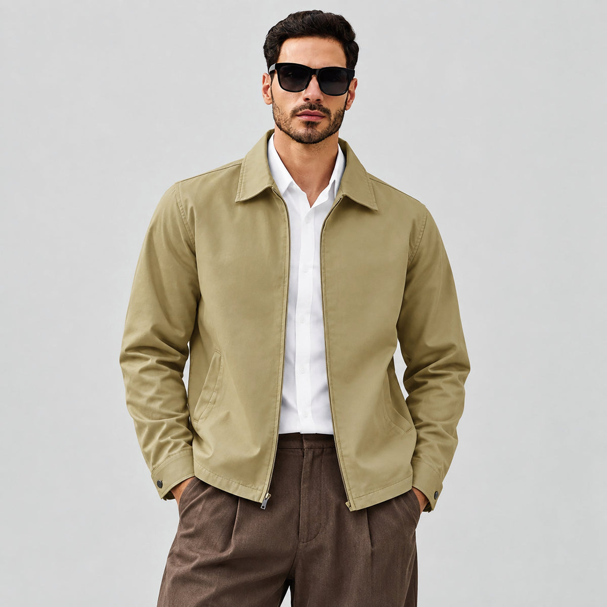 Khaki MAGCOMSEN Men's Lightweight Cotton Jacket Full Zip with 3 Pockets in #Color_Khaki