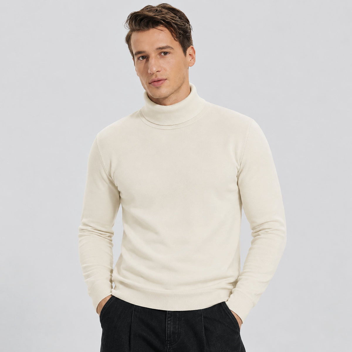 Men's Lightweight Knit Turtleneck Sweater White by MAGCOMSEN