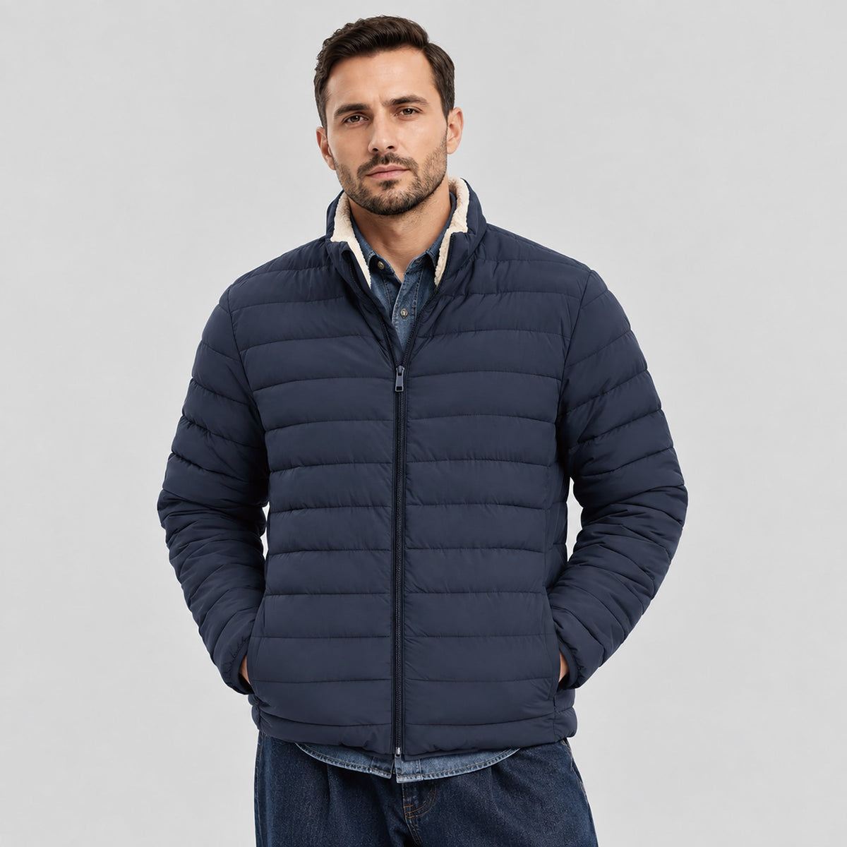 Navy MAGCOMSEN Men's Lightweight Puffer Jacket Sherpa Lined Warm Winter Coat in #Color_Navy