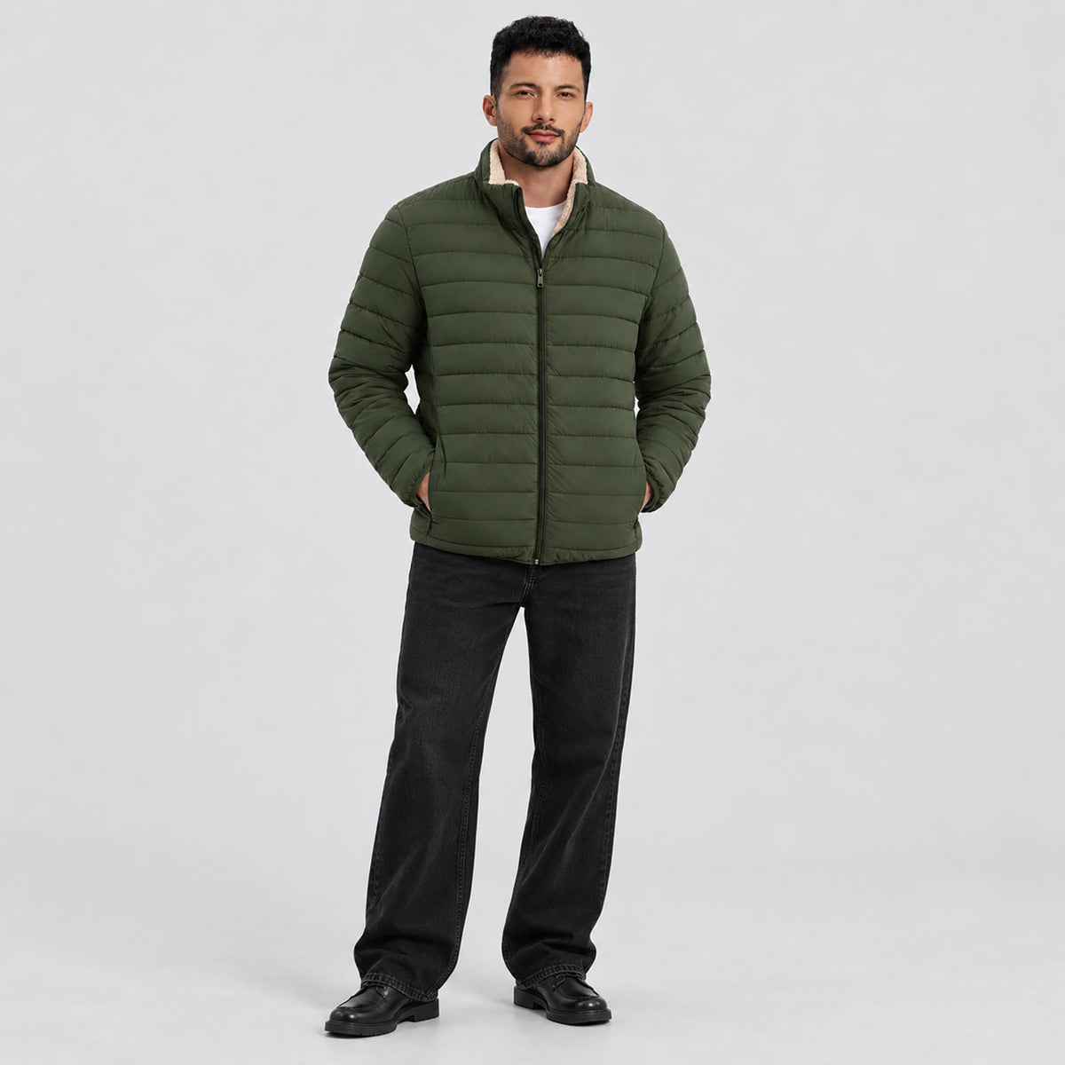 Army Green MAGCOMSEN Men's Lightweight Puffer Jacket Sherpa Lined Warm Winter Coat in #Color_Army Green