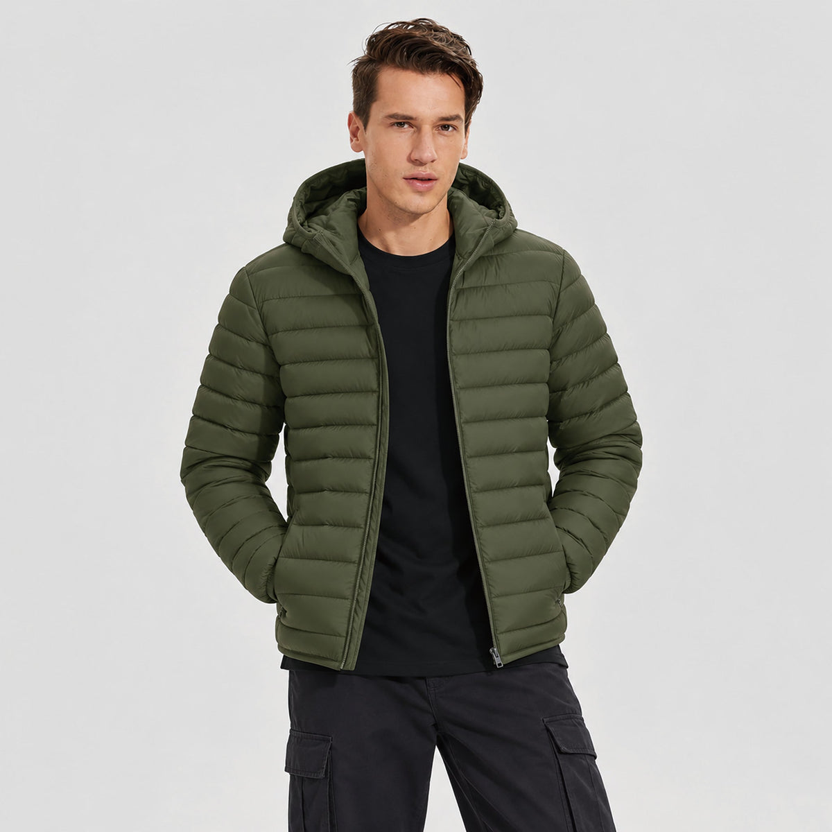 Men's Lightweight Quilted Lined Hooded Puffer Jacket Army Green by MAGCOMSEN