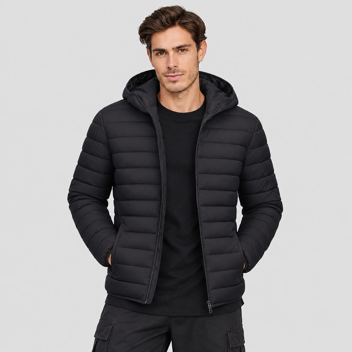 Men's Lightweight Quilted Lined Hooded Puffer Jacket Black by MAGCOMSEN