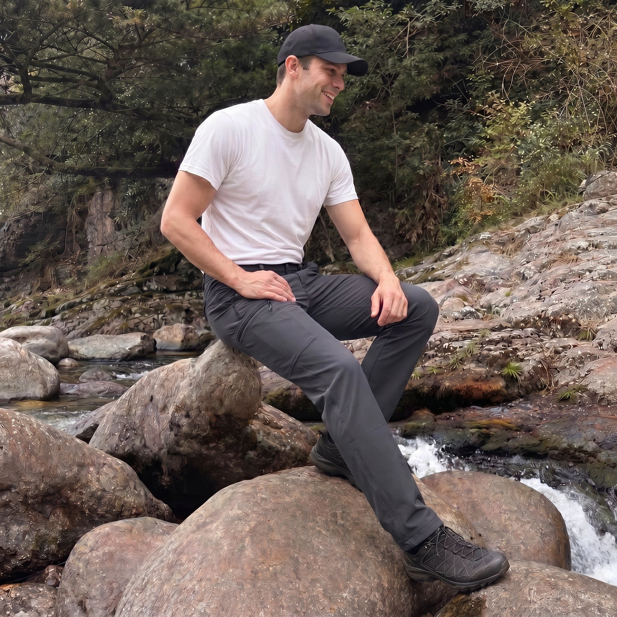 Men's Lightweight Ripstop Hiking Pants - Water Resistant 6 Pocket Cargo Pants Dark Grey by MAGCOMSEN