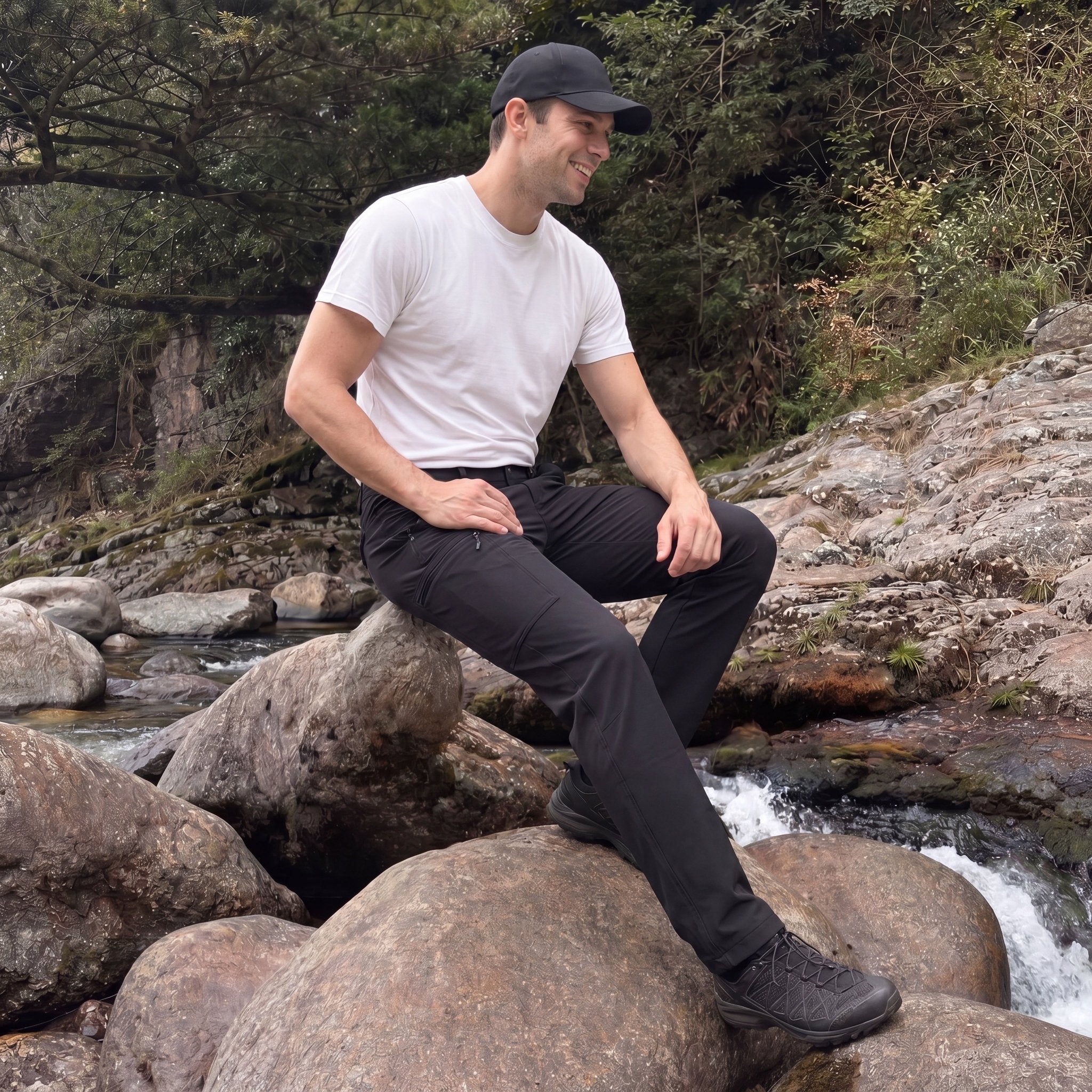 Men's Lightweight Ripstop Hiking Pants - Water Resistant 6 Pocket Cargo Pants Black by MAGCOMSEN