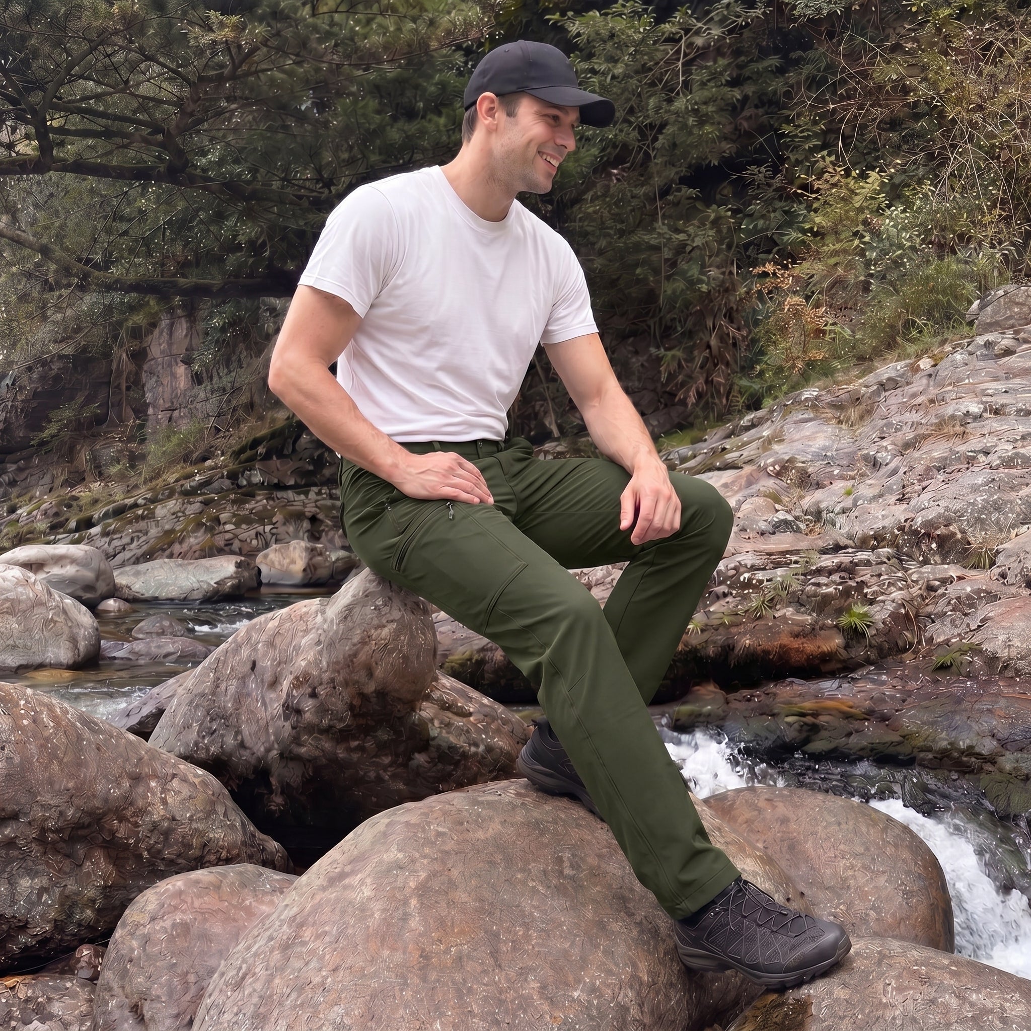 Men's Lightweight Ripstop Hiking Pants - Water Resistant 6 Pocket Cargo Pants Army Green by MAGCOMSEN