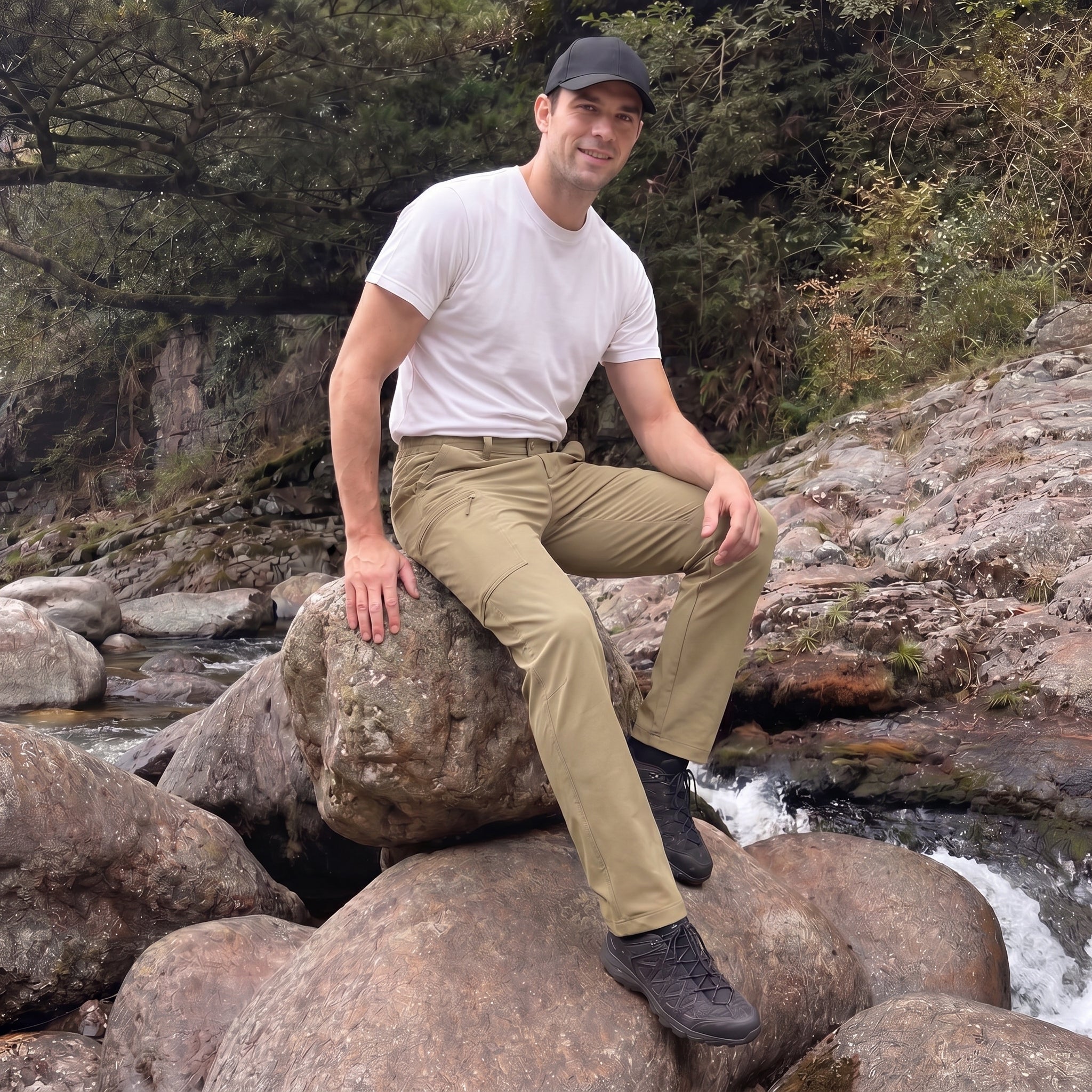 Men's Lightweight Ripstop Hiking Pants - Water Resistant 6 Pocket Cargo Pants Khaki by MAGCOMSEN