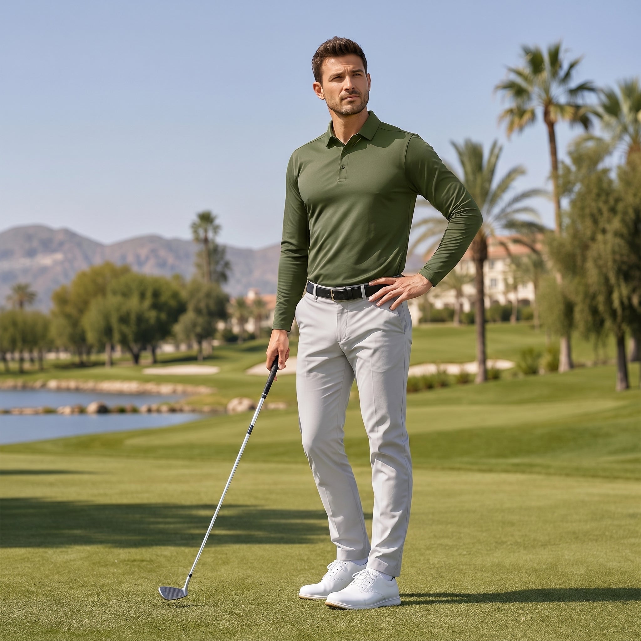 Men‘s Long Sleeve Golf Polo - Moisture Wicking Stretch Performance Shirt Army Green by MAGCOMSEN