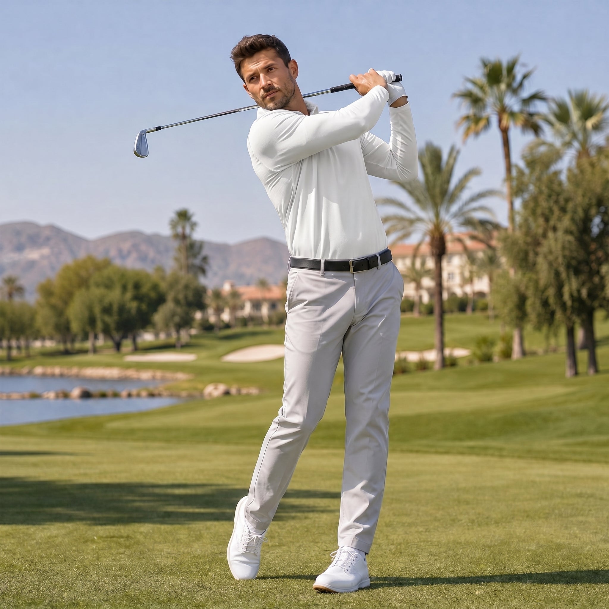 Men‘s Long Sleeve Golf Polo - Moisture Wicking Stretch Performance Shirt White by MAGCOMSEN