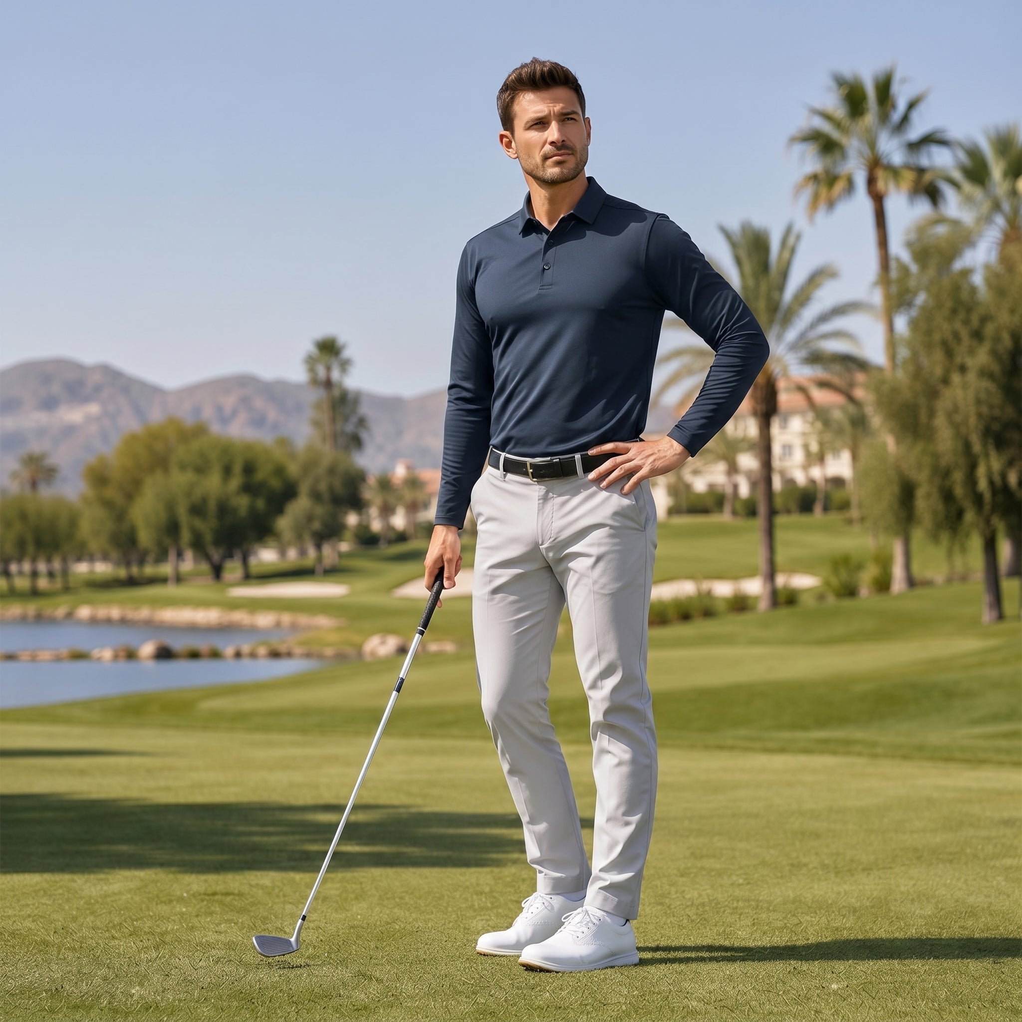 Men‘s Long Sleeve Golf Polo - Moisture Wicking Stretch Performance Shirt Navy by MAGCOMSEN