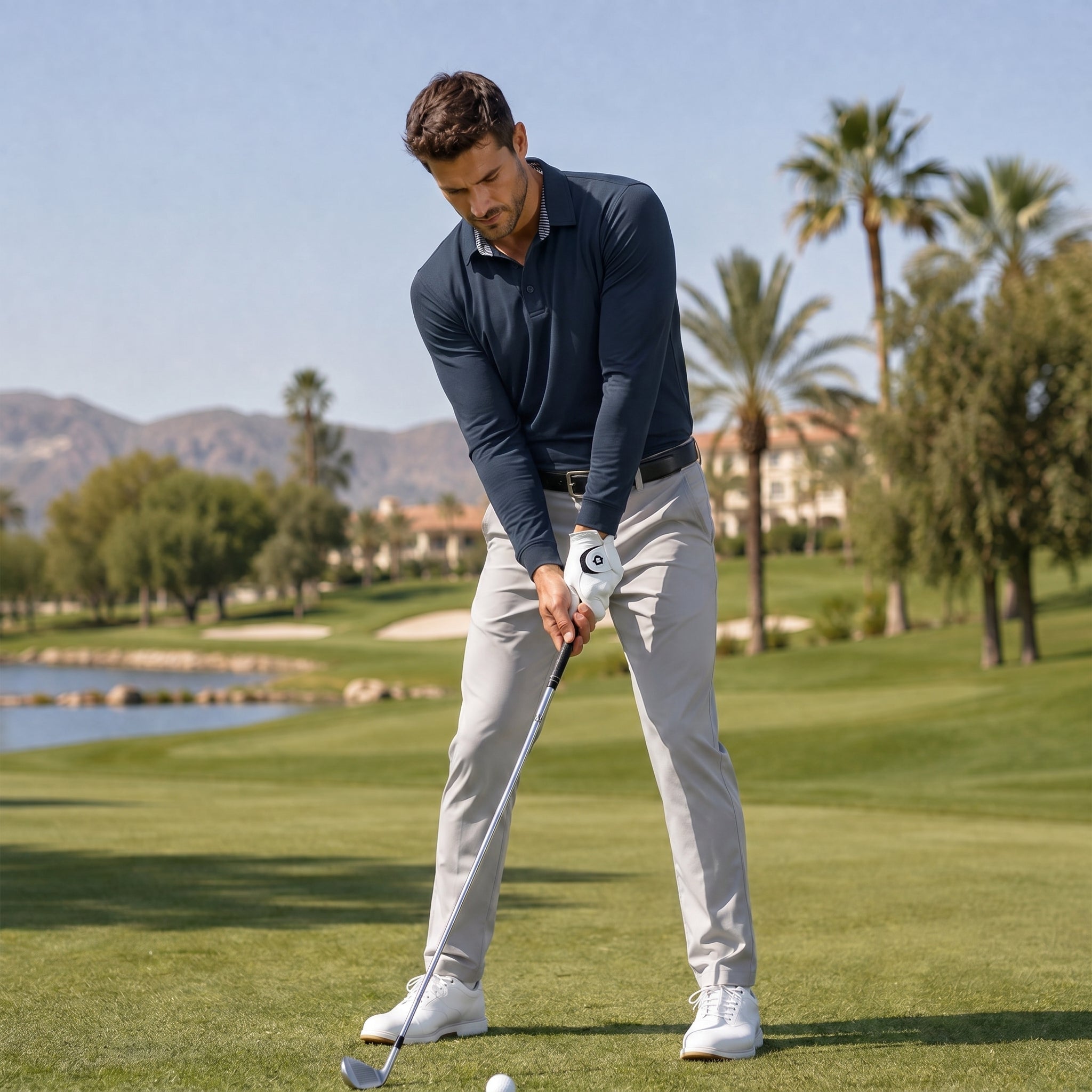 Men‘s Long Sleeve Golf Polo - Moisture Wicking Stretch Performance Shirt Navy by MAGCOMSEN