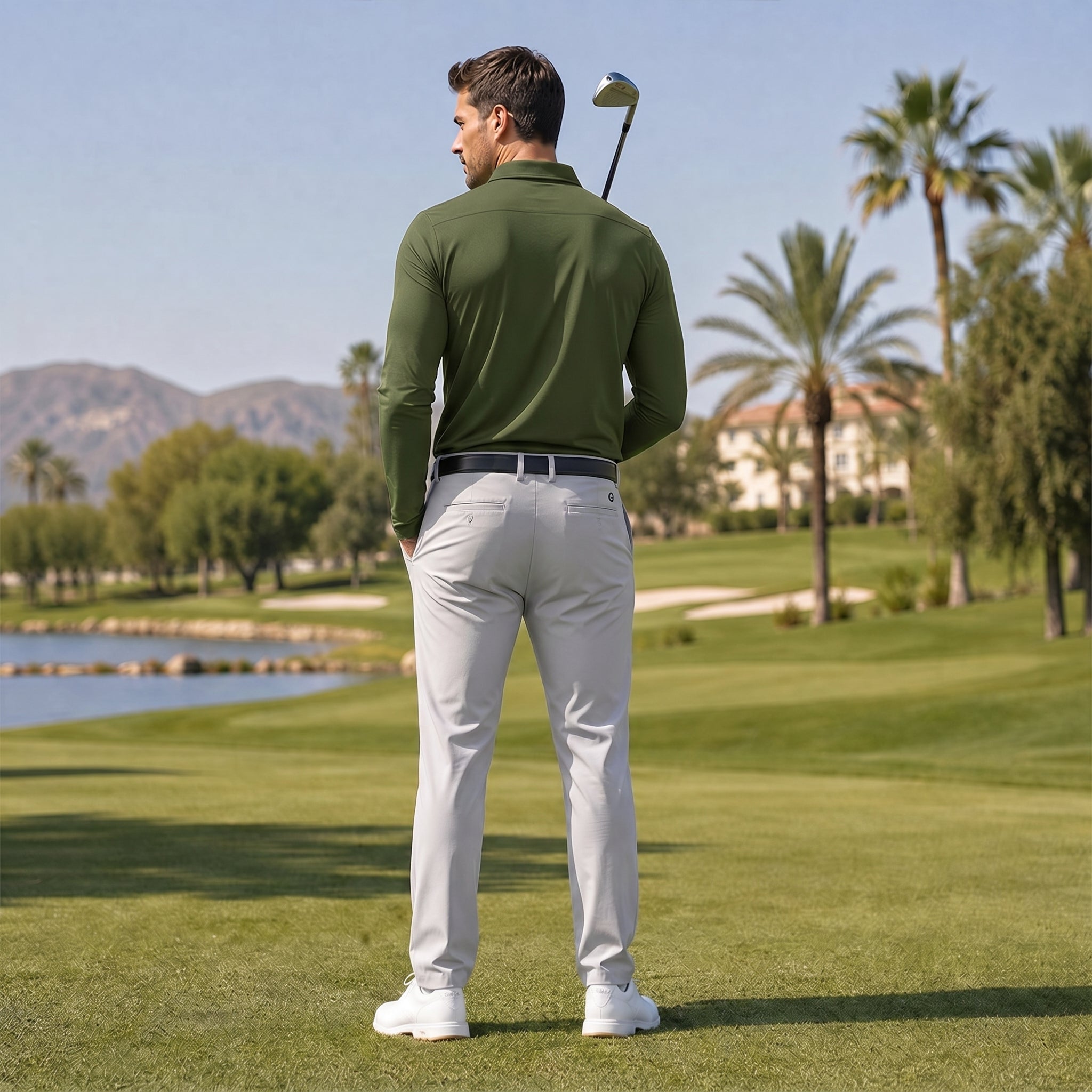 Men‘s Long Sleeve Golf Polo - Moisture Wicking Stretch Performance Shirt Army Green by MAGCOMSEN