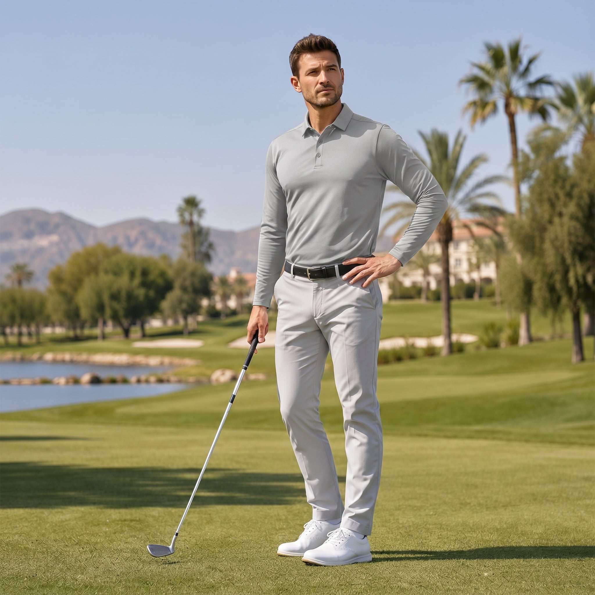 Men‘s Long Sleeve Golf Polo - Moisture Wicking Stretch Performance Shirt Light Grey by MAGCOMSEN