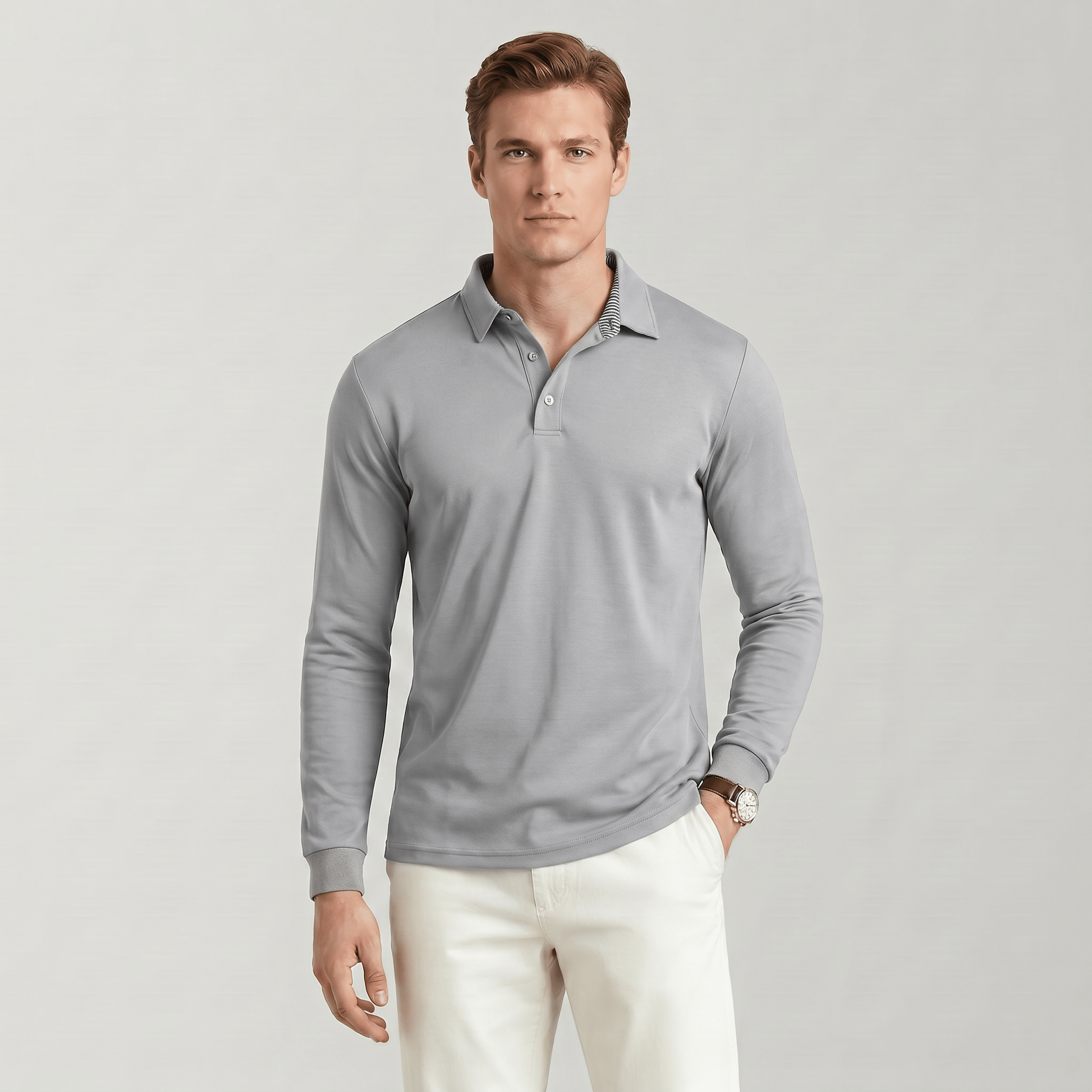 Men‘s Long Sleeve Golf Polo - Moisture Wicking Stretch Performance Shirt Light Grey by MAGCOMSEN