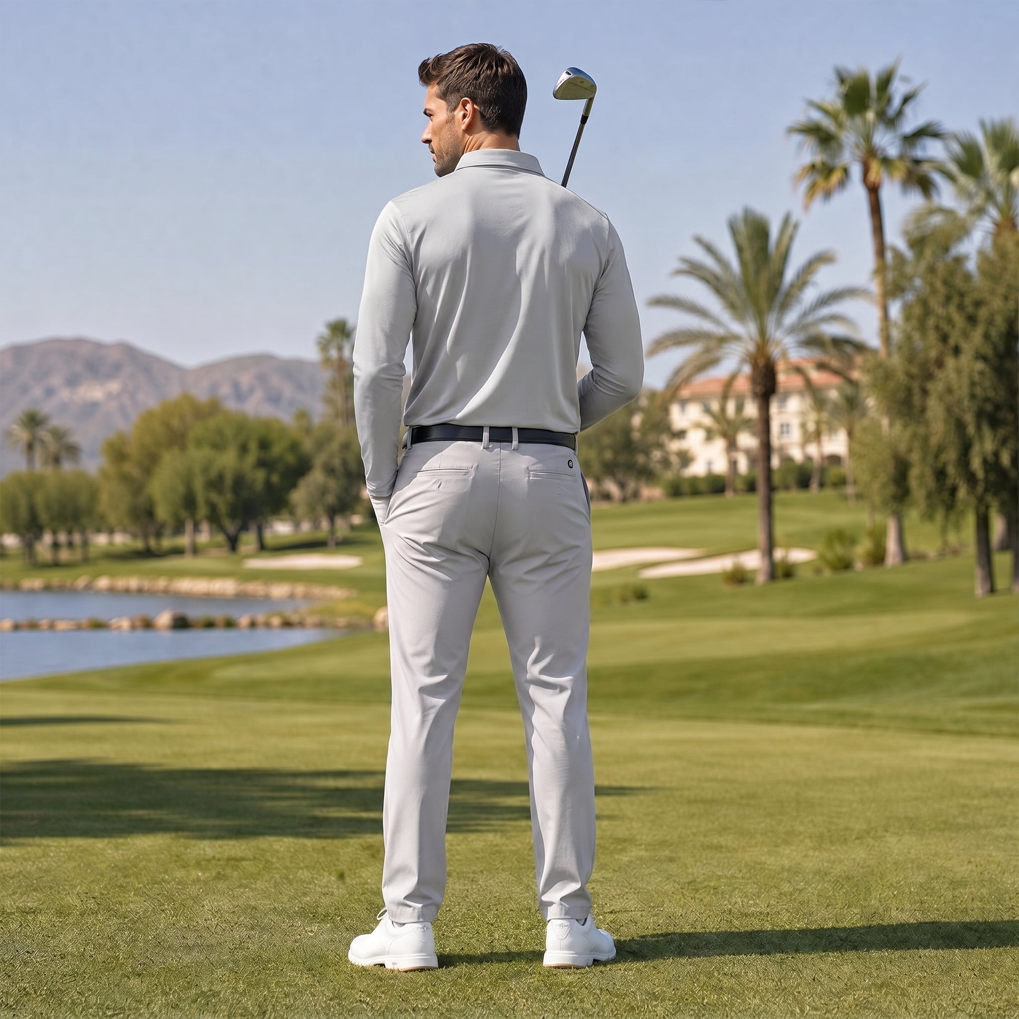 Men‘s Long Sleeve Golf Polo - Moisture Wicking Stretch Performance Shirt Light Grey by MAGCOMSEN