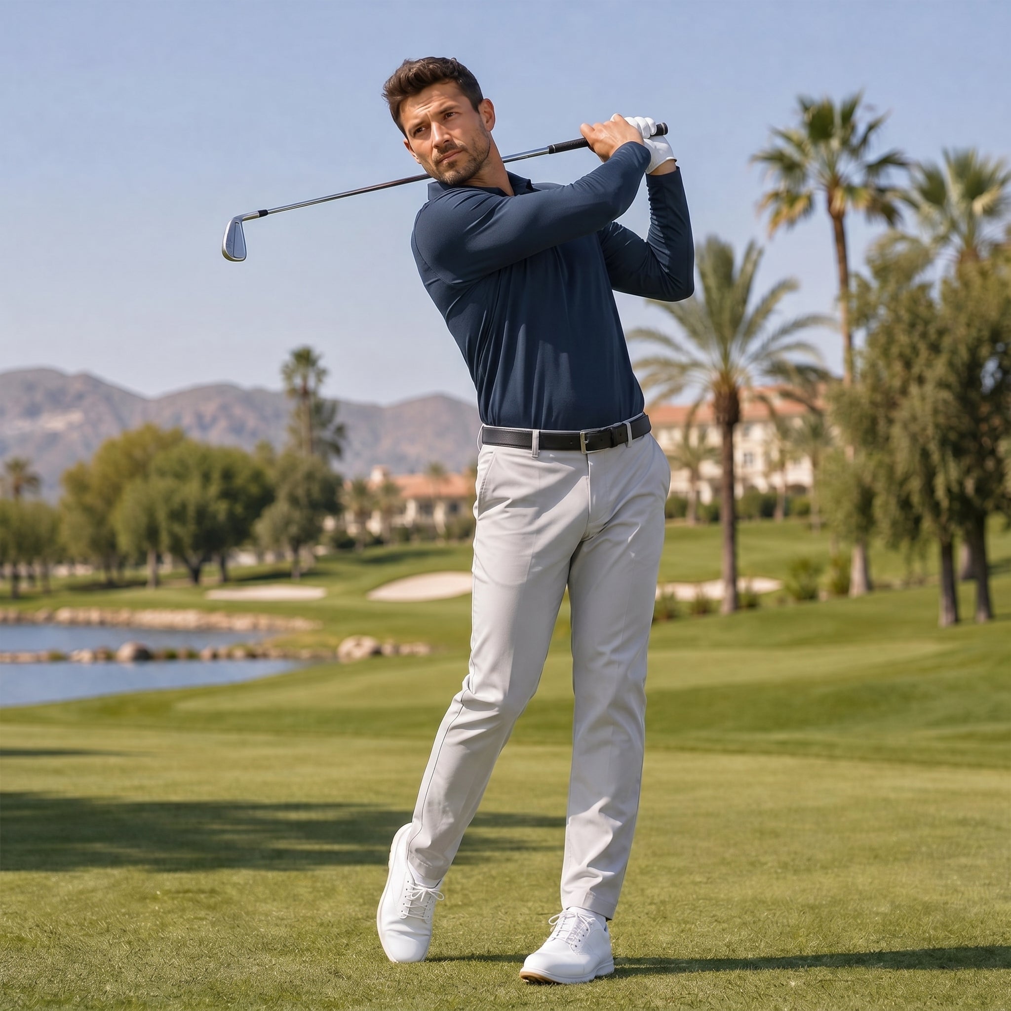 Men‘s Long Sleeve Golf Polo - Moisture Wicking Stretch Performance Shirt Navy by MAGCOMSEN