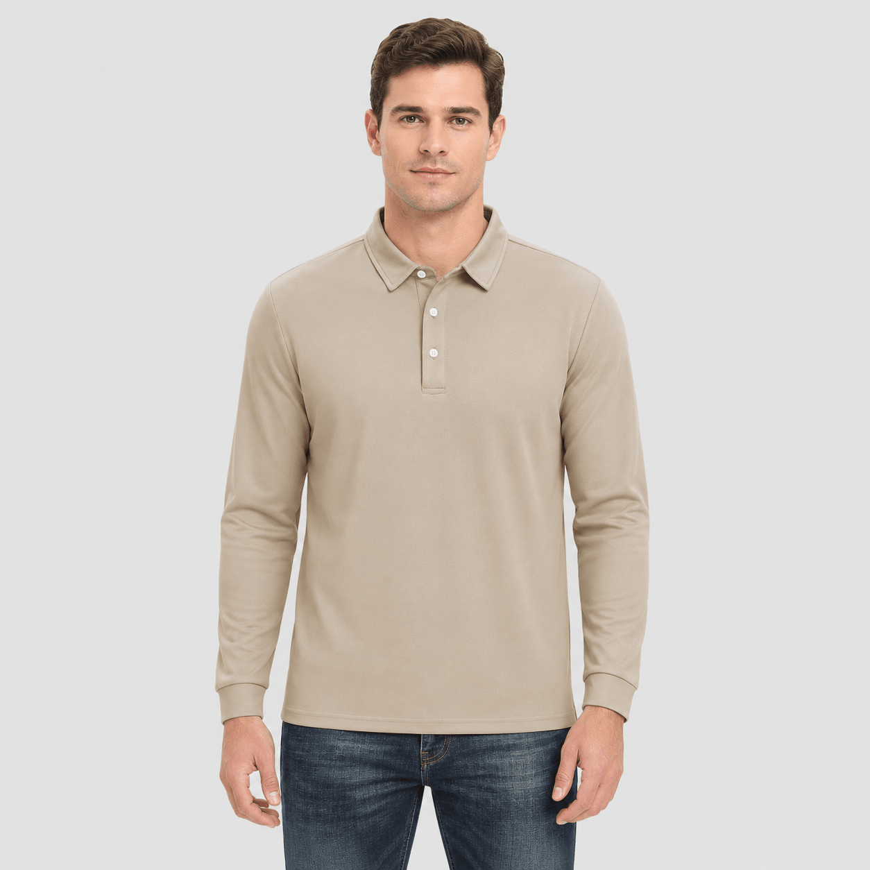 Men's Long Sleeve Quick-Dry Polo Shirt UPF Sun Protection Khaki by MAGCOMSEN