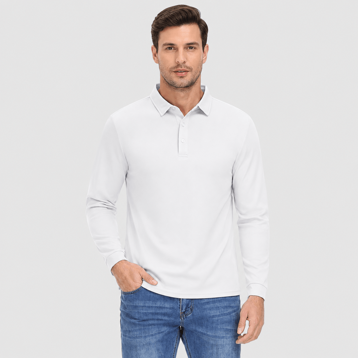 Men's Long Sleeve Quick-Dry Polo Shirt UPF Sun Protection White by MAGCOMSEN
