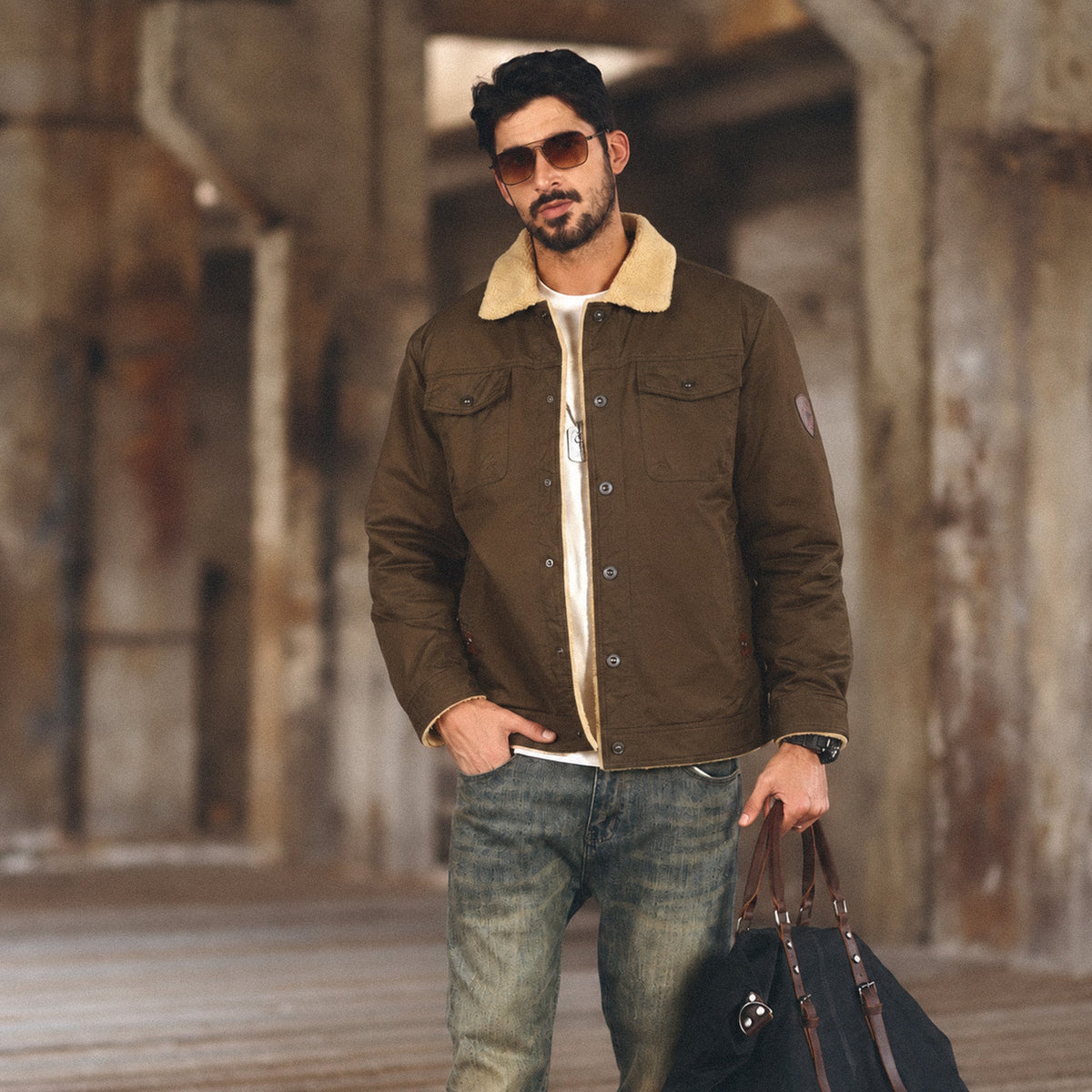 Brown MAGCOMSEN Men's Sherpa Lined Trucker Jacket | Casual Denim Canvas Coat in #Color_Brown