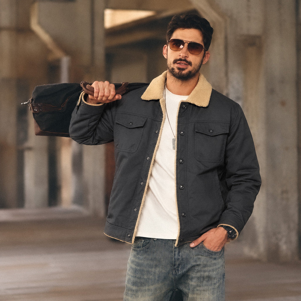 Dark Grey MAGCOMSEN Men's Sherpa Lined Trucker Jacket | Casual Denim Canvas Coat in #Color_Dark Grey