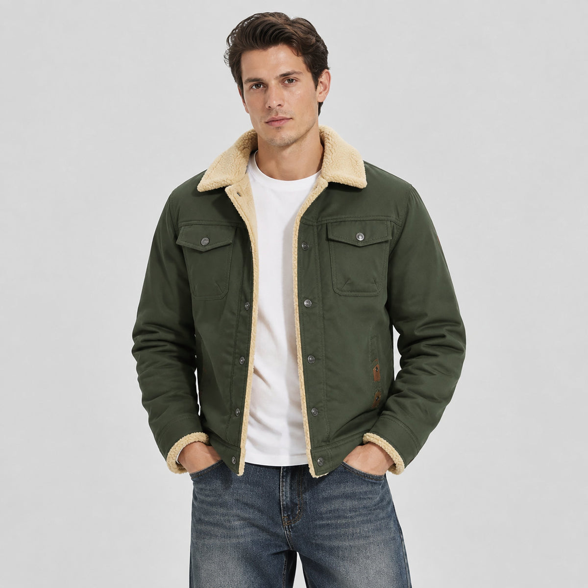 Army Green MAGCOMSEN Men's Sherpa Lined Trucker Jacket | Casual Denim Canvas Coat in #Color_Army Green