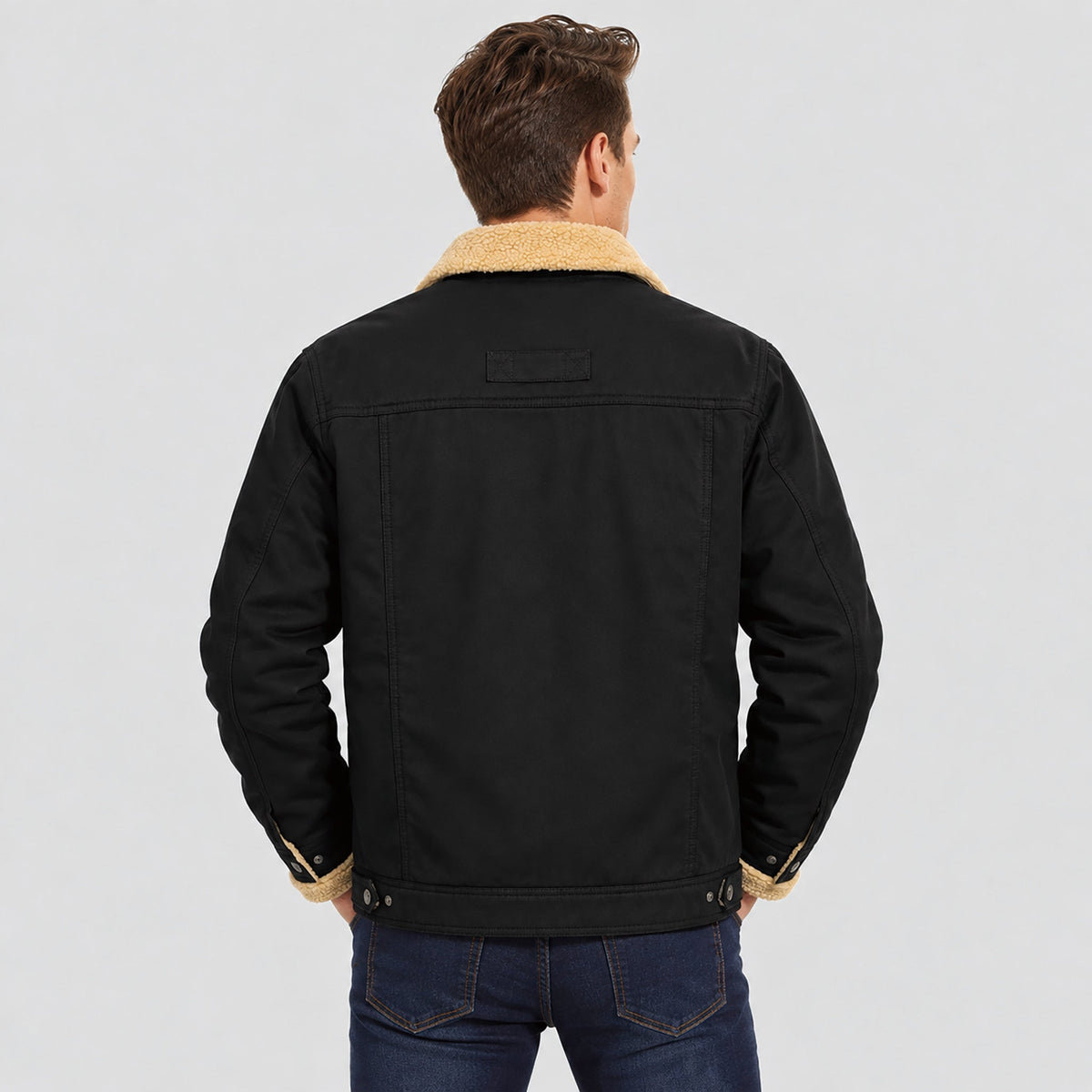 Black MAGCOMSEN Men's Sherpa Lined Trucker Jacket | Casual Denim Canvas Coat in #Color_Black