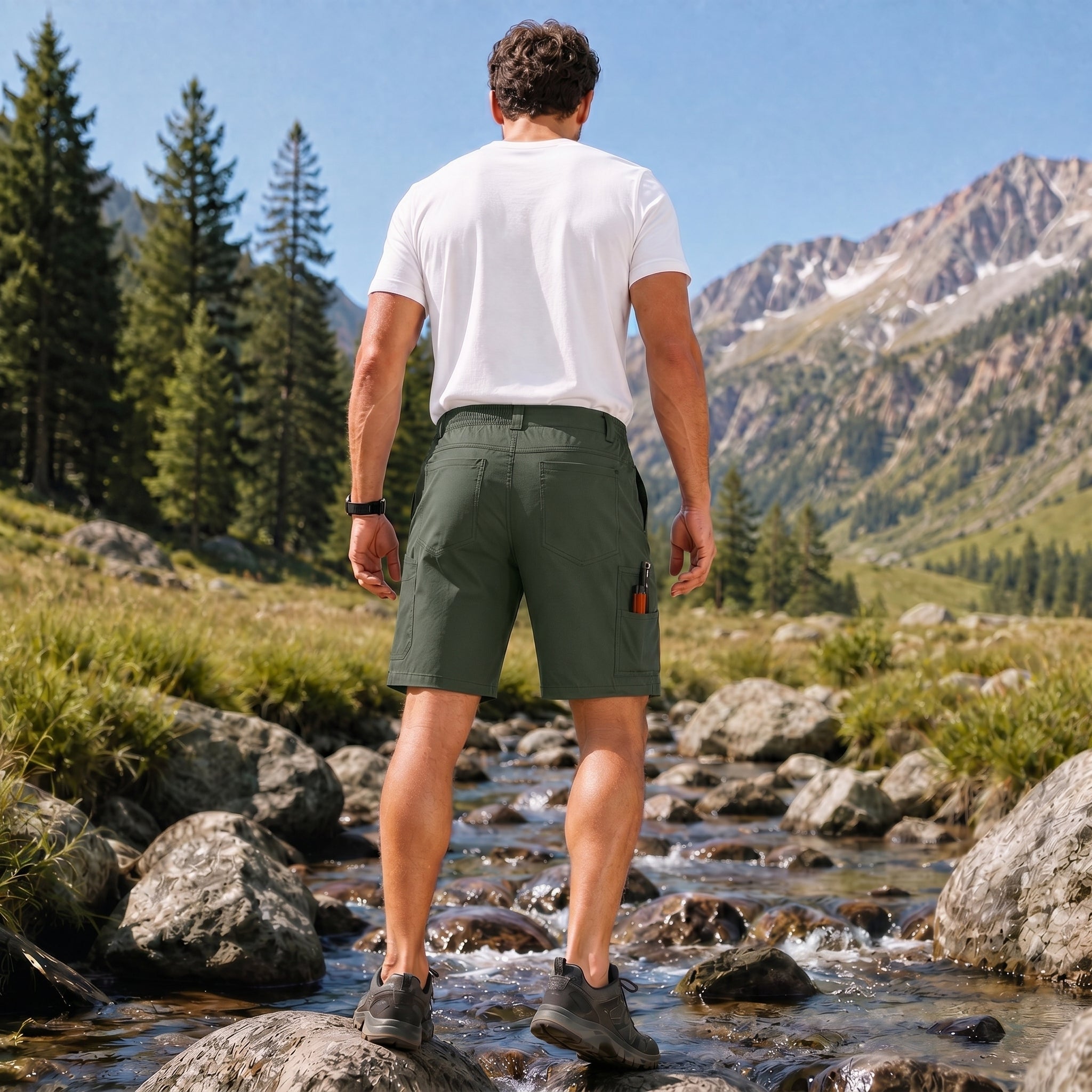 Men's Stretch Cotton Cargo Shorts - Below Knee Utility Work Shorts Deep Grey Green by MAGCOMSEN