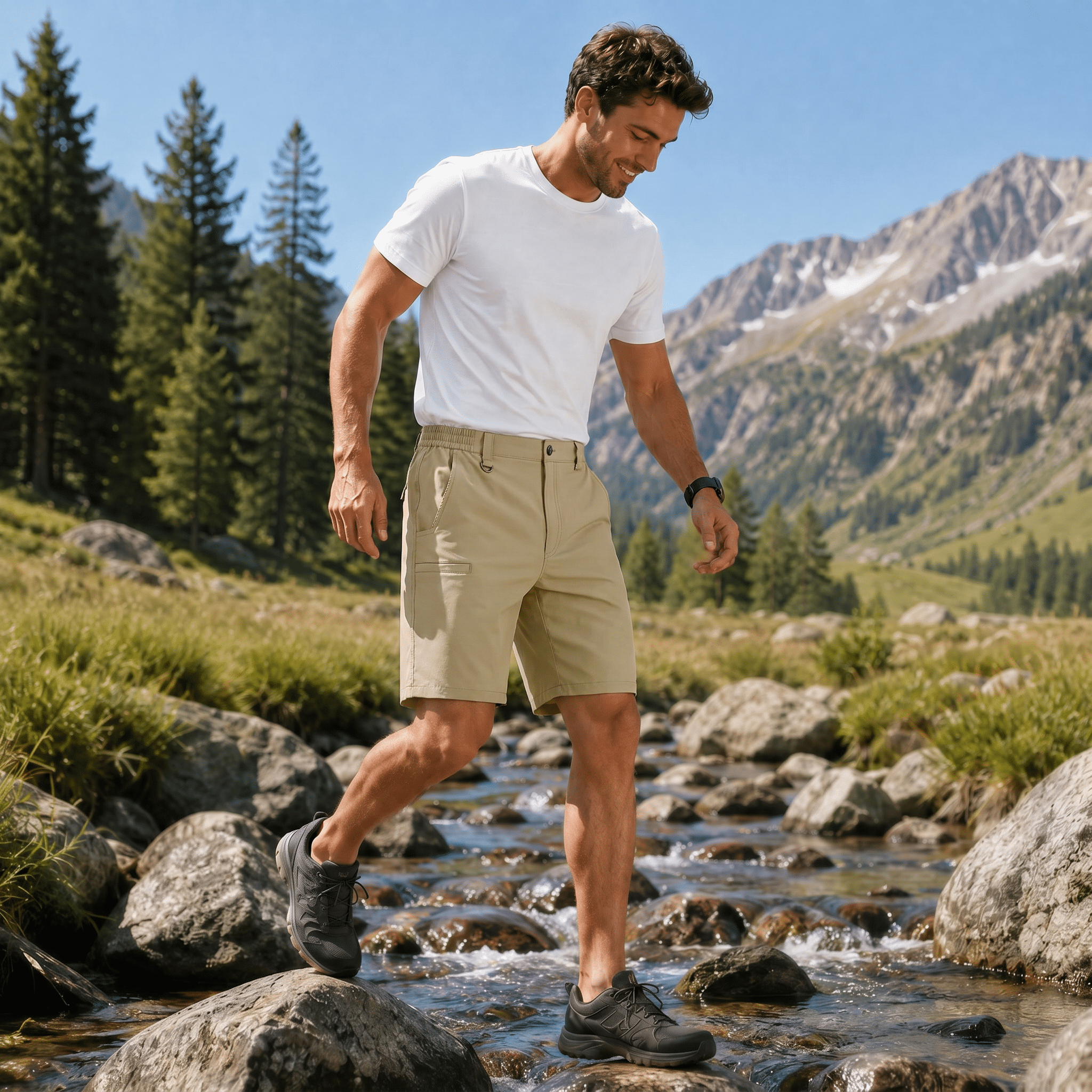 Men's Stretch Cotton Cargo Shorts - Below Knee Utility Work Shorts Khaki by MAGCOMSEN