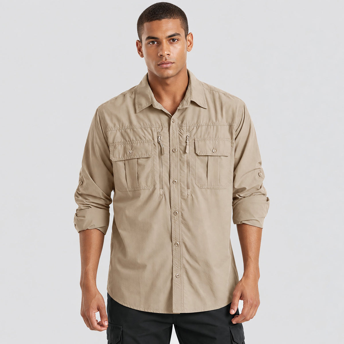 Khaki MAGCOMSEN Men's Tactical Shirt, Quick-Dry & UV Protection for Hiking in #Color_Khaki