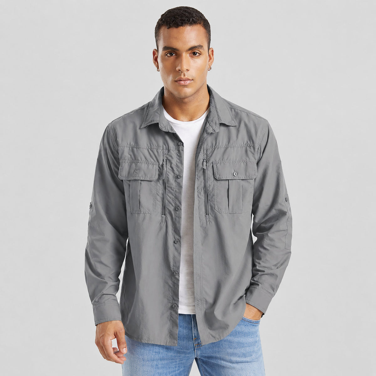 Light-grey MAGCOMSEN Men's Tactical Shirt, Quick-Dry & UV Protection for Hiking in #Color_Light-grey