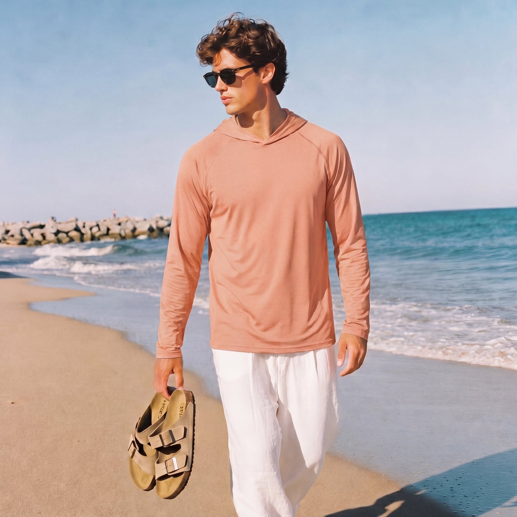 Men's Hooded UPF 50+ Sun Protection Long Sleeve Athletic Fishing Shirts #Color_Apricot