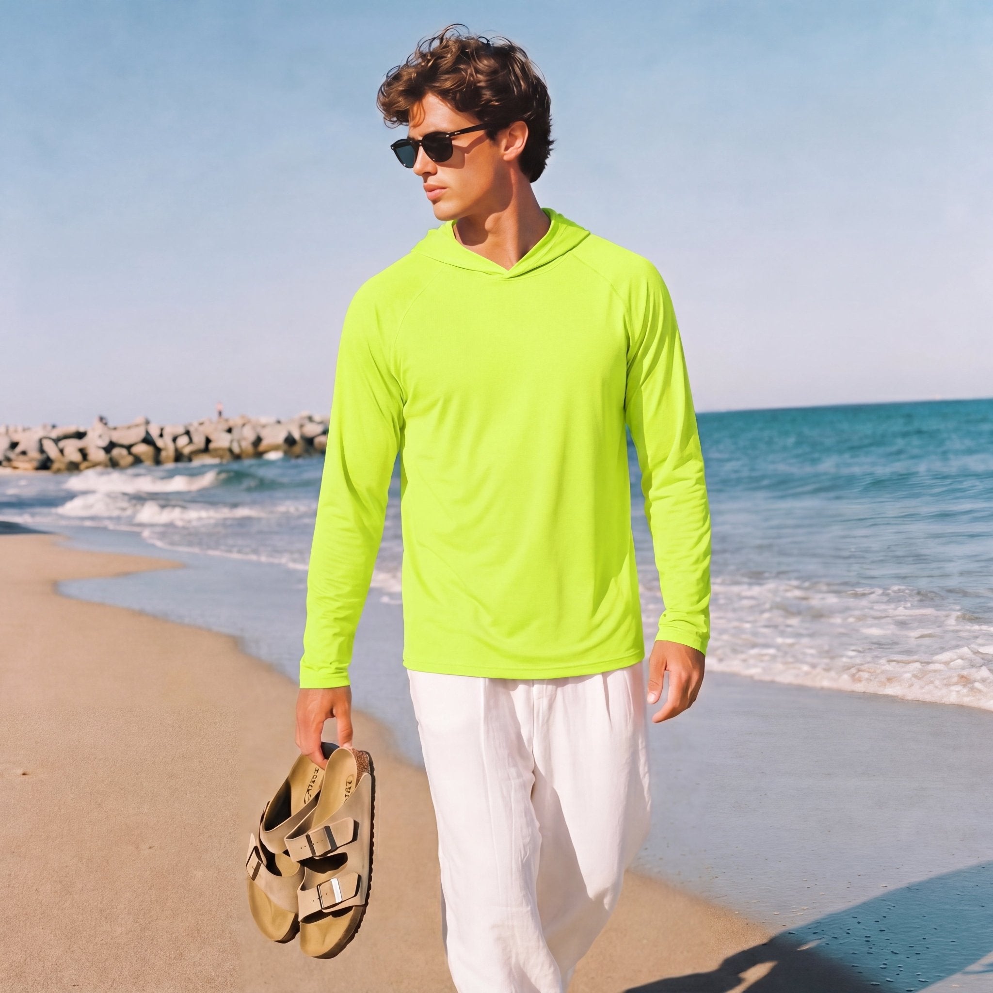 Men's UPF 50+ Hooded Fishing Shirts | Sun Protection - MAGCOMSEN #Color_Fluorescent Green