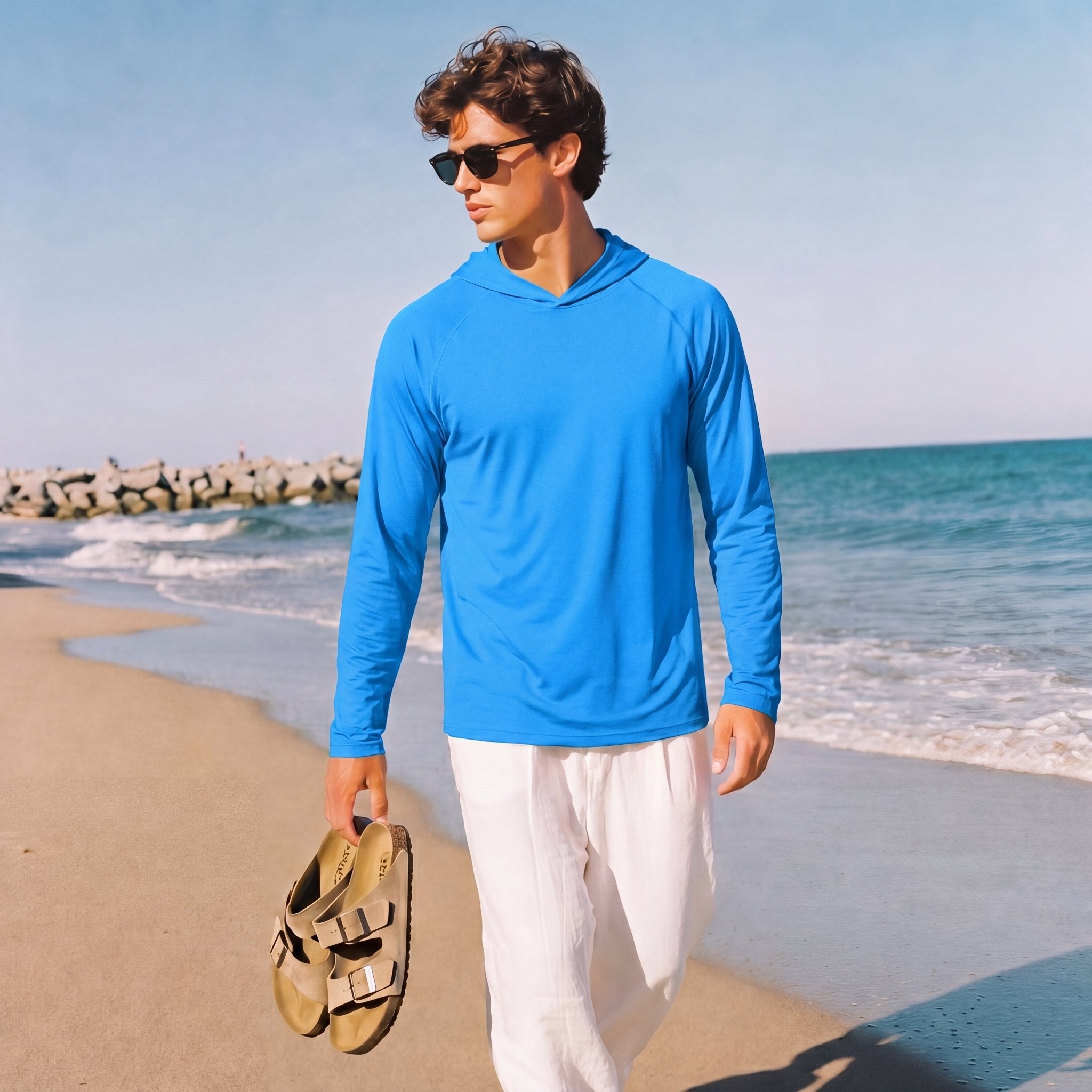 Men's Hooded UPF 50+ Sun Protection Long Sleeve Athletic Fishing Shirts  #Color_Aqua Blue