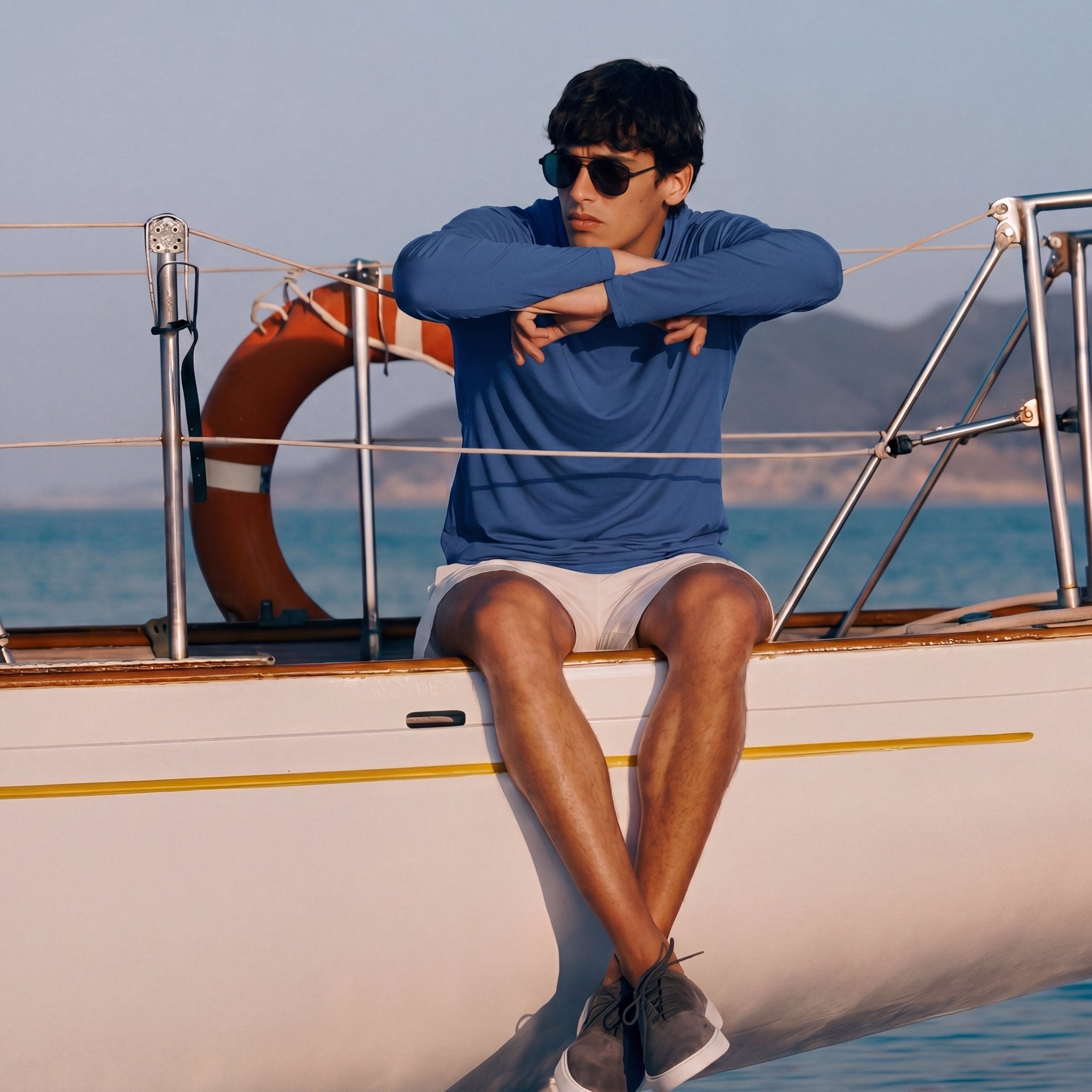 Men's Hooded UPF 50+ Sun Protection Long Sleeve Athletic Fishing Shirts #Color_Blue Grey