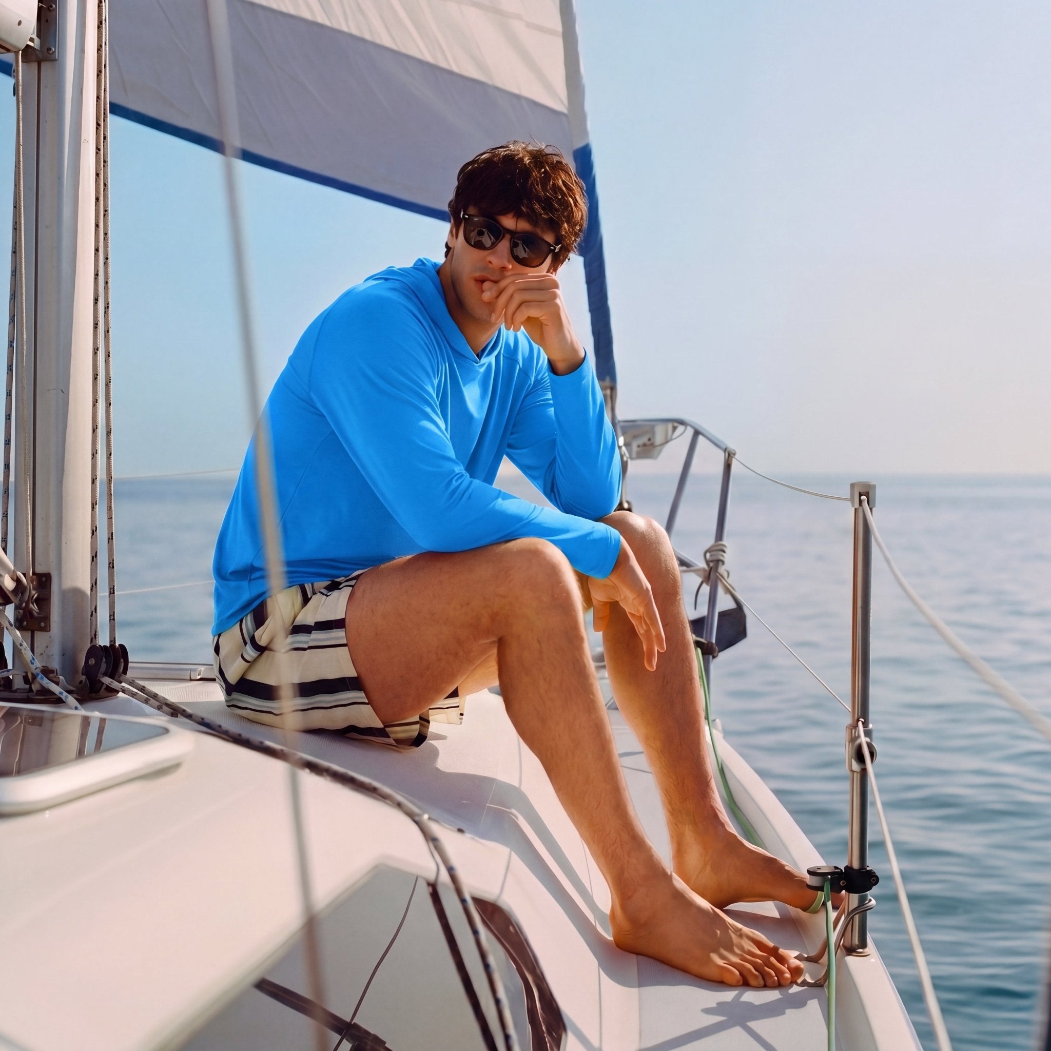 Men's Hooded UPF 50+ Sun Protection Long Sleeve Athletic Fishing Shirts  #Color_Aqua Blue