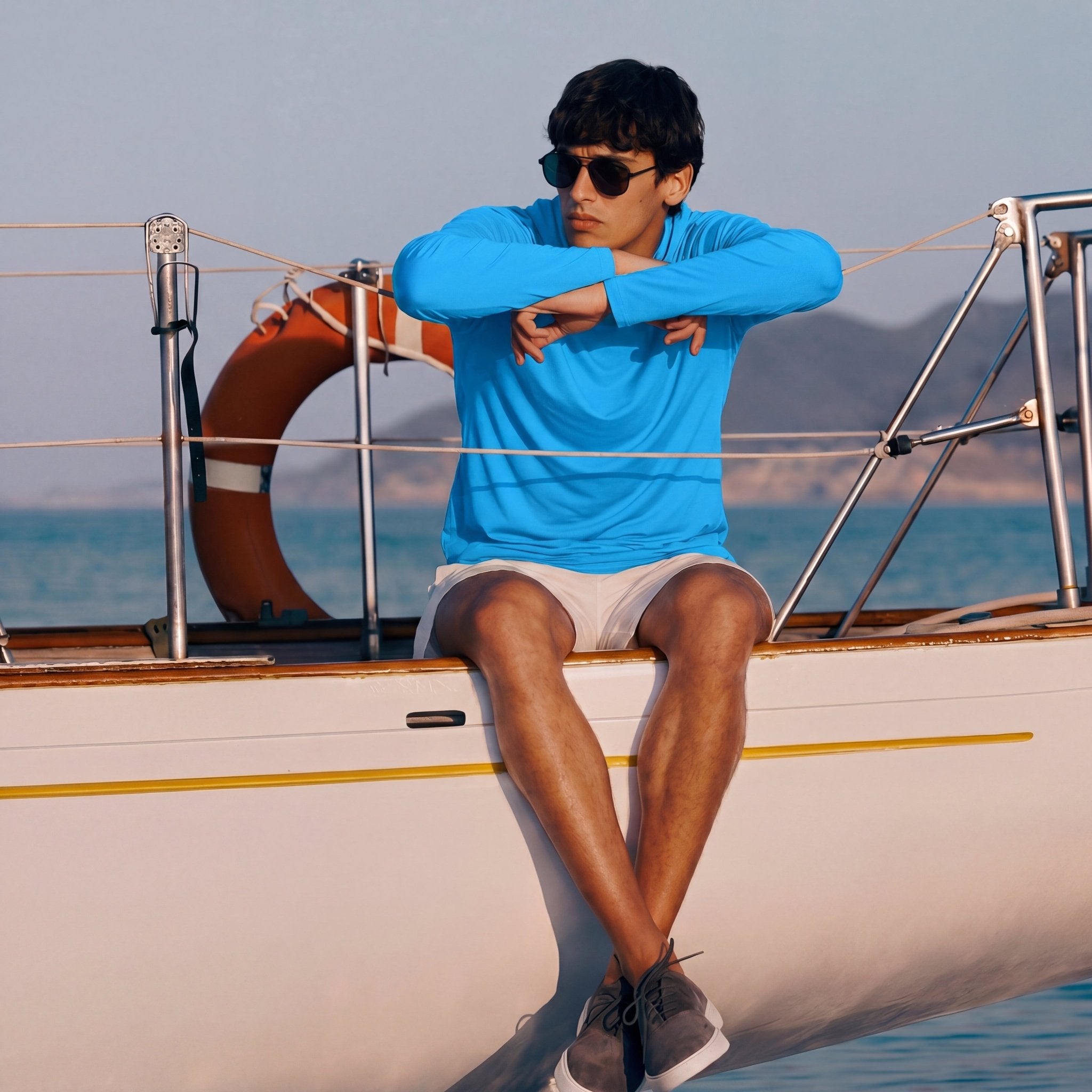 Men's Hooded UPF 50+ Sun Protection Long Sleeve Athletic Fishing Shirts  #Color_Aqua Blue